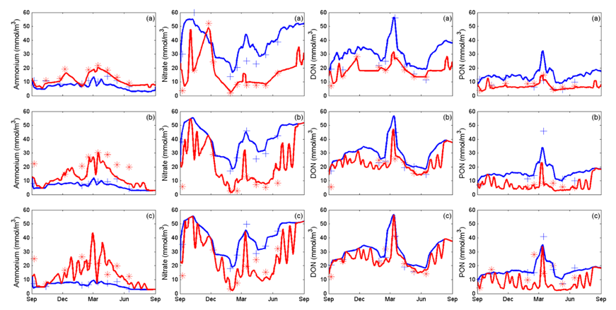 Time series data for surface (blue) and bottom (red) ammonium, nitrate, dissolved and particulate organic nitrogen for (a) Morell Bridge, (b) Scotch College, (c) Bridge Road. Crosses and asterisks represent observed data for surface and bottom concentrations respectively and solid lines simulated data.