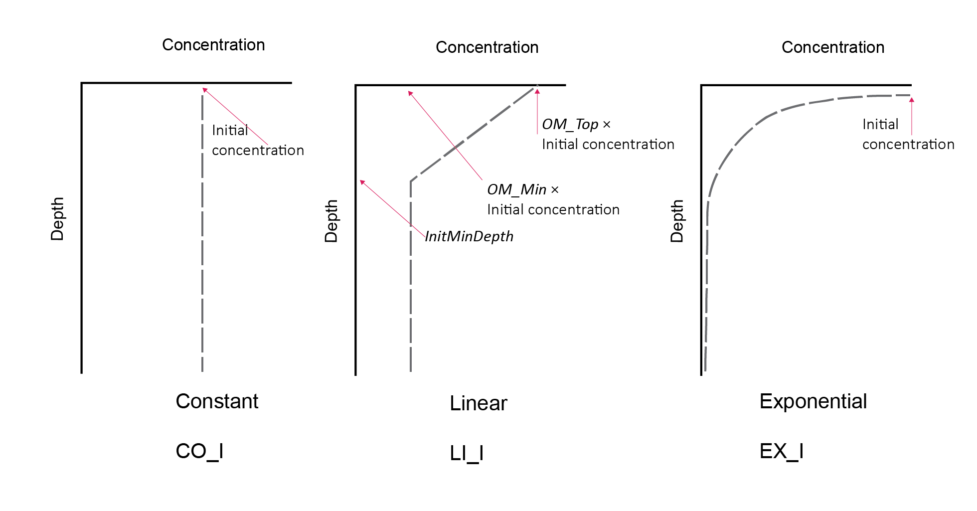 Schematic of three possible options for initial profiles. Most concentrations default to the constant option, whereas organic matter is usually set to be linear or exponential.