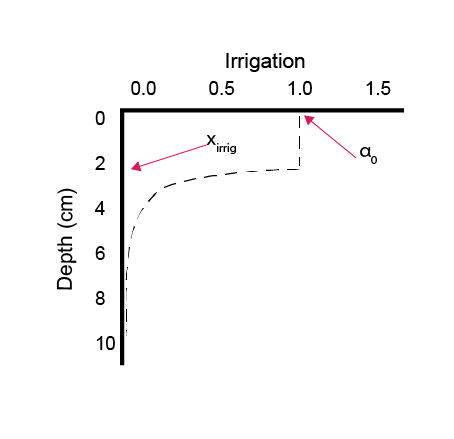 Example of a depth profile that sets the rate of irrigation, and the parameters `alpha_0` and `x_irrig`.