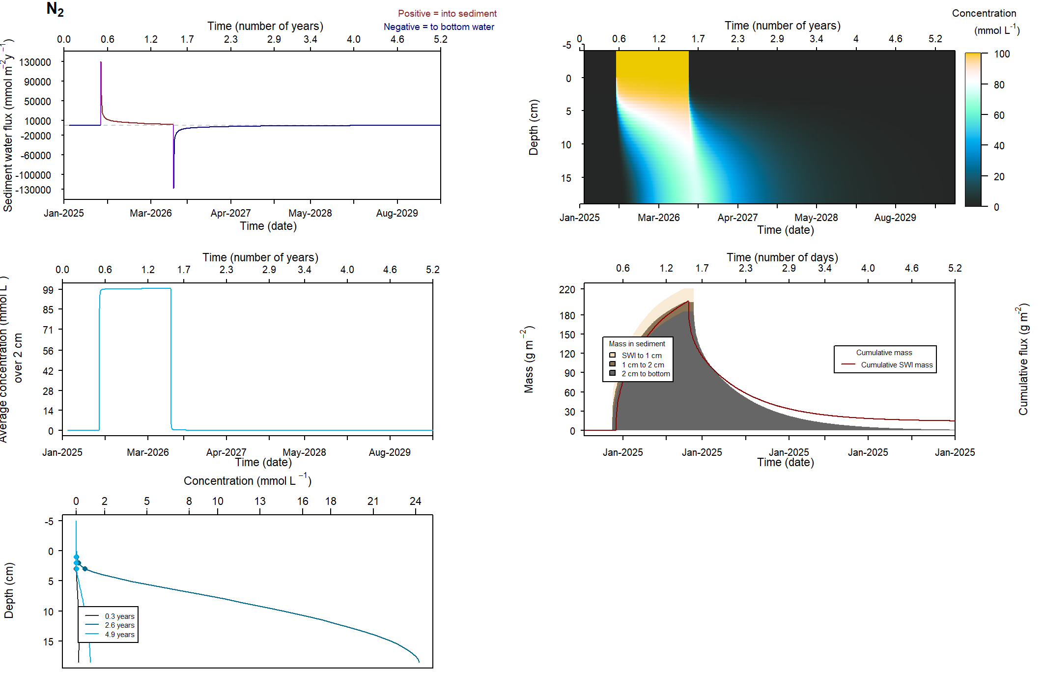 Results of a simulation for $N_2$ as a tracer. Reaction rates were turned to zero and so concentration and mass changes are the result of transport only. After 6 months of spin-up, both species were introduced at the sediment-water interface for one year. The bottom left figure showed that the total sediment mass and influxing mass were the same.