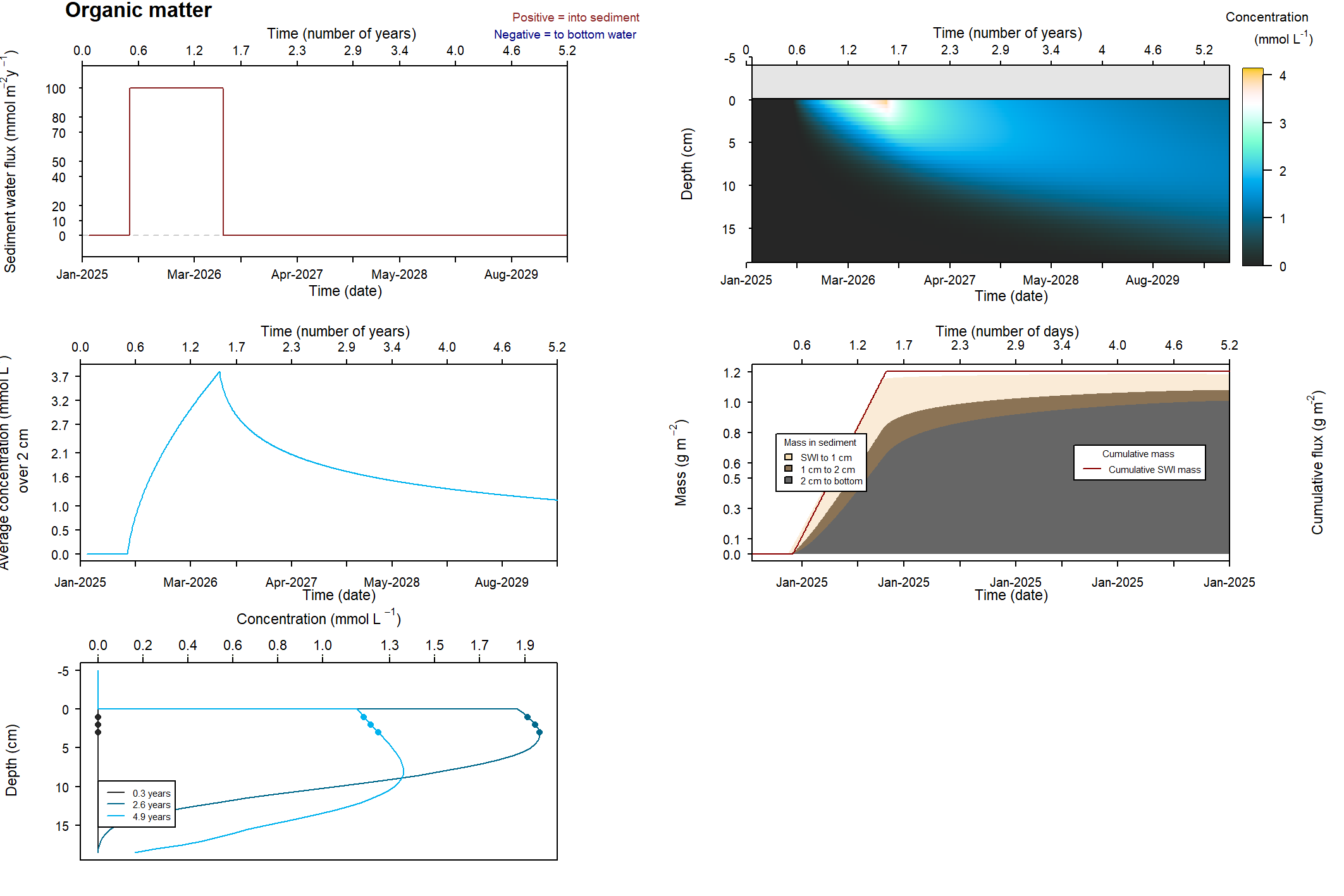 Results of a simulation for organic matter. Reaction rates were turned to zero and so concentration and mass changes are the result of transport only. After 6 months of spin-up, both species were introduced at the sediment-water interface for one year. The bottom left figure showed that the total sediment mass and influxing mass were the same.