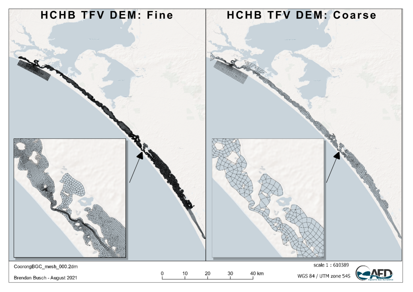 Plan view of the Coorong Dynamics Model fine (left) and coarse (right) mesh.