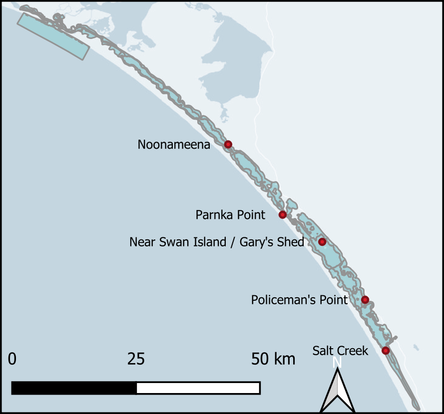 Overview of the locations and different types of sediment sample data across the Cooorong. Left - Grab samples. Centre - Particle size samples. Right - Cores. 