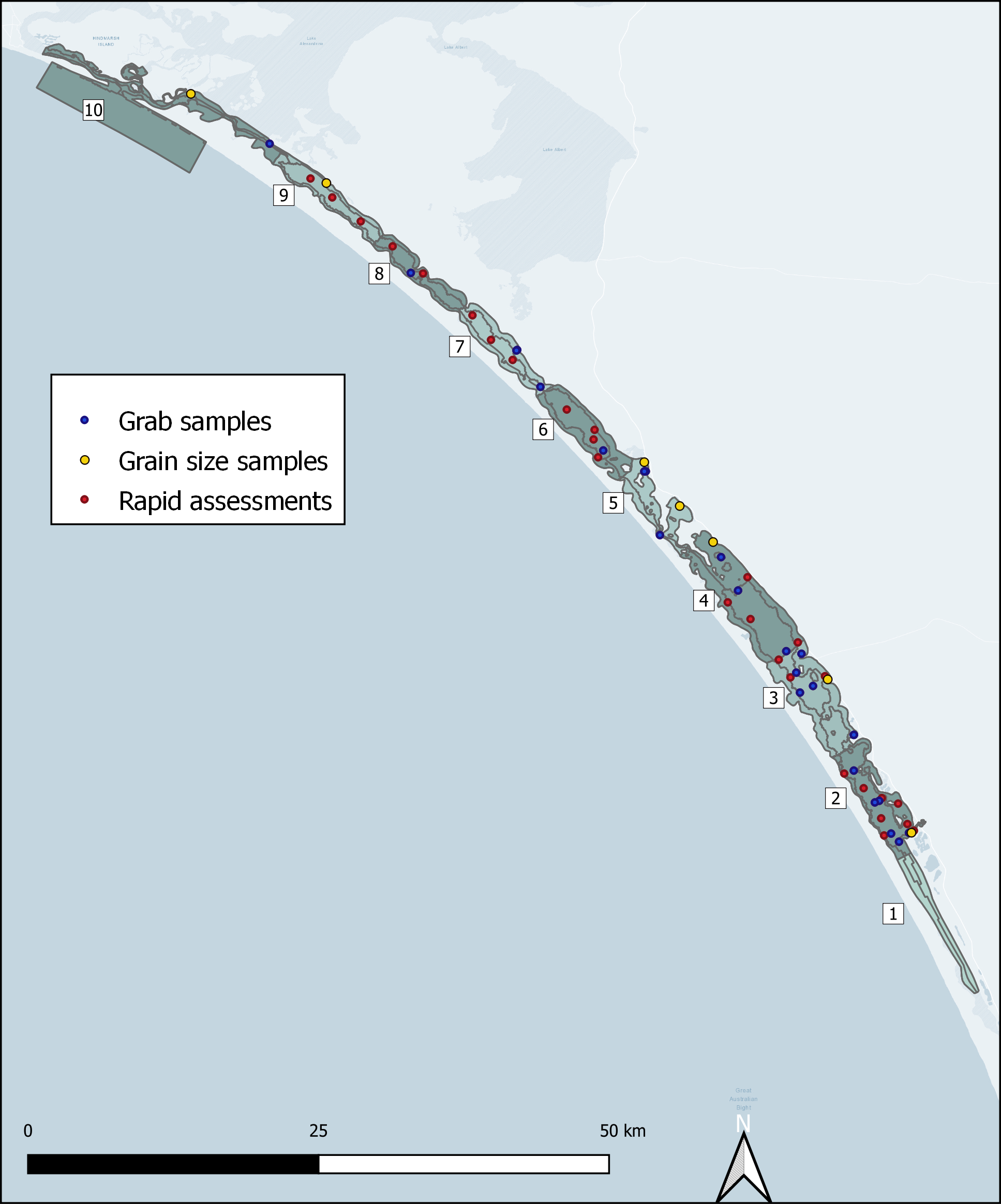 Locations of the three types of sediment quality data sampling points. In this appendix, zone numbers refer to the north-south allocation of zones before subdivision into bank/shallow zones. Hence 1 refers to 11, 12 and 13, 2 refers to 21, 22 and 23 etc.