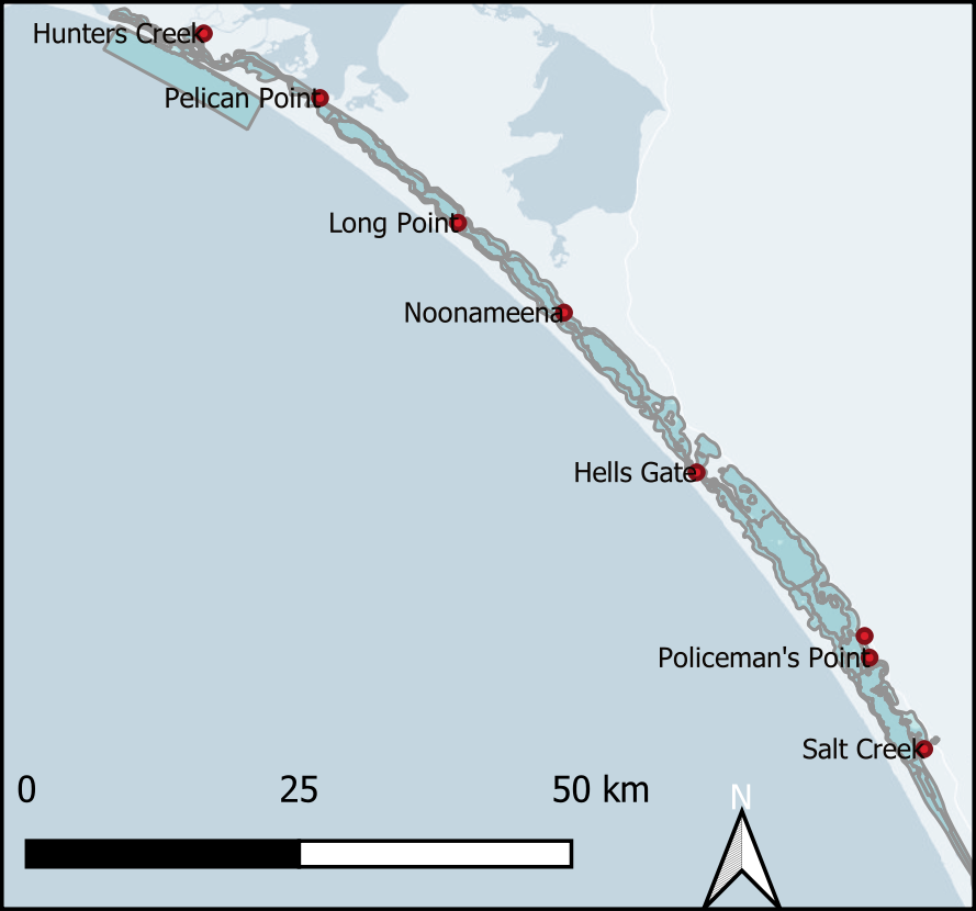 Overview of the locations and different types of sediment sample data across the Cooorong. Left - Macroinvertebrates. Centre - Rapid assessments. Right - Flux chamber. 