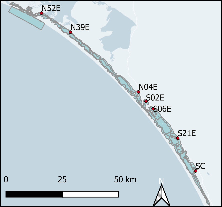 Overview of the locations and different types of sediment sample data across the Cooorong. Left - Grab samples. Centre - Particle size samples. Right - Cores. 