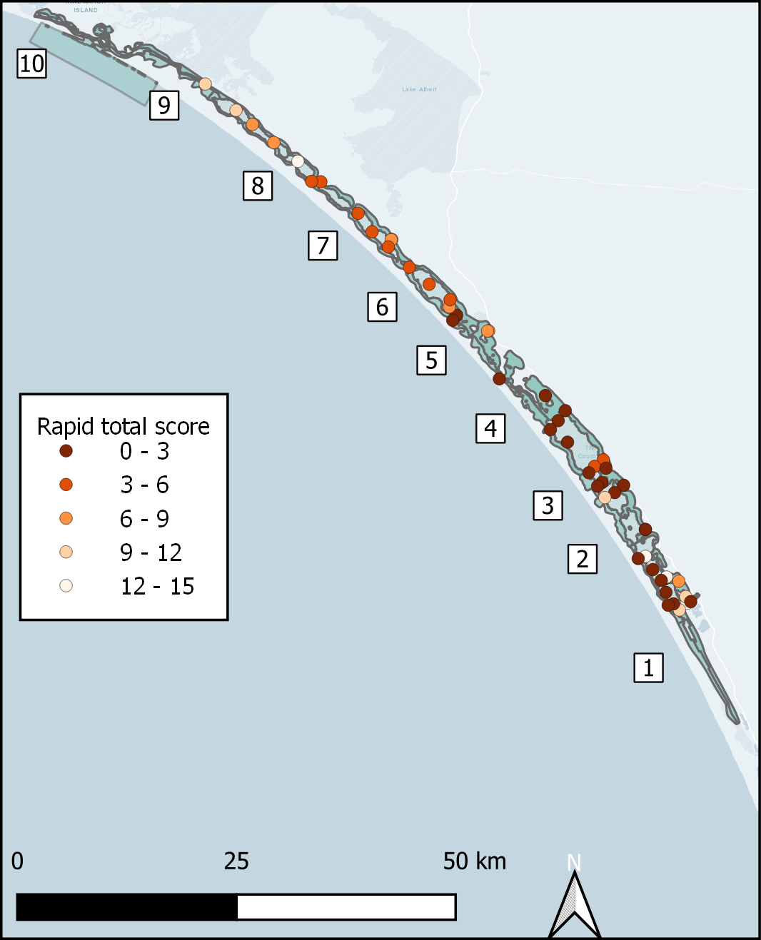 Rapid tests in the Coorong, which indicate sulfidic state of the sediment. Left – Individual rapid assessment points; Right – rapid scores averaged across points in zone.