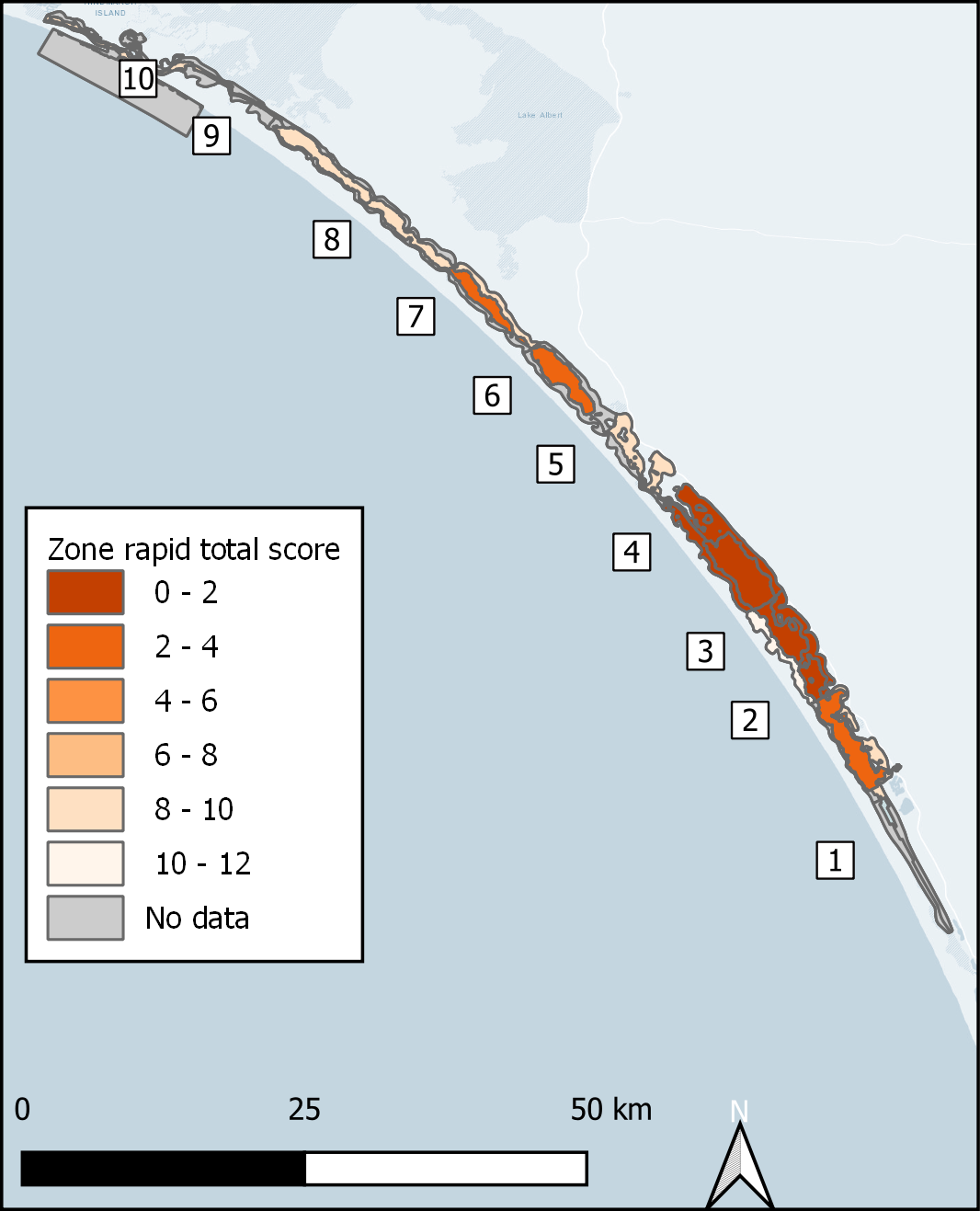 Rapid tests in the Coorong, which indicate sulfidic state of the sediment. Left – Individual rapid assessment points; Right – rapid scores averaged across points in zone.