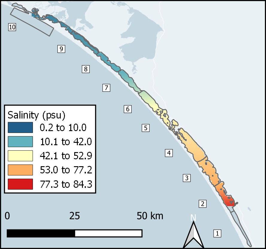 Interpolated salinity in the bottom water, performed by the University of Adelaide. Salinity is higher in the southern lagoon. For comparison, seawater is about 35 psu. The colour band only applies to the lagoon in the map, not the lakes, the ocean or zone 1.