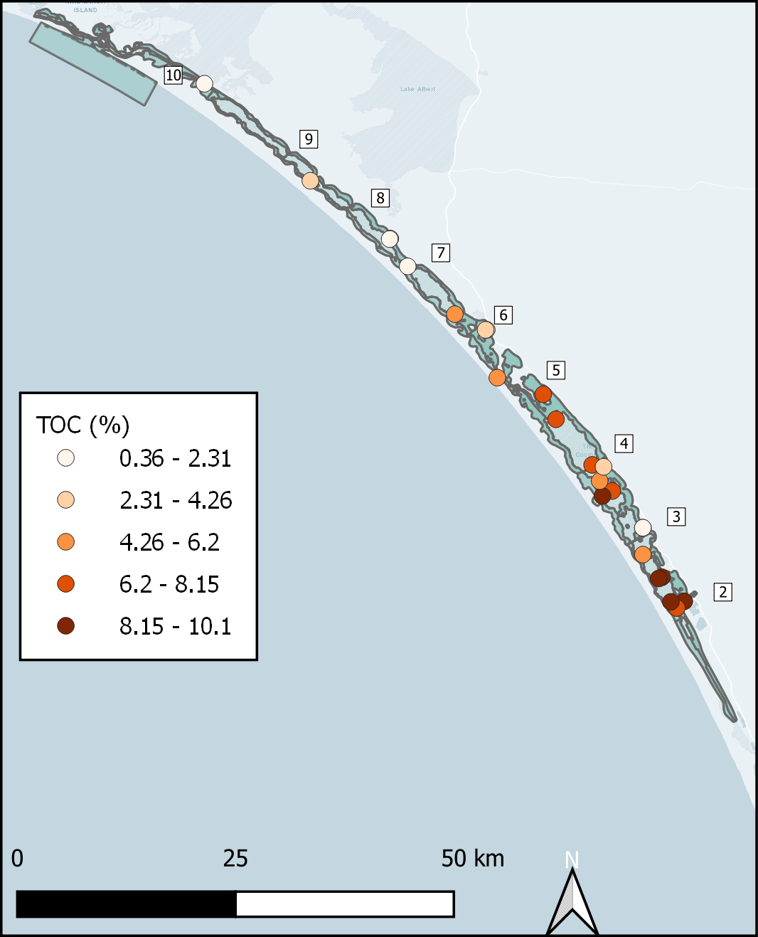 TOC% from the grab samples. Left - Individual grab samples for TOC%. Right - TOC % applied to zones. 