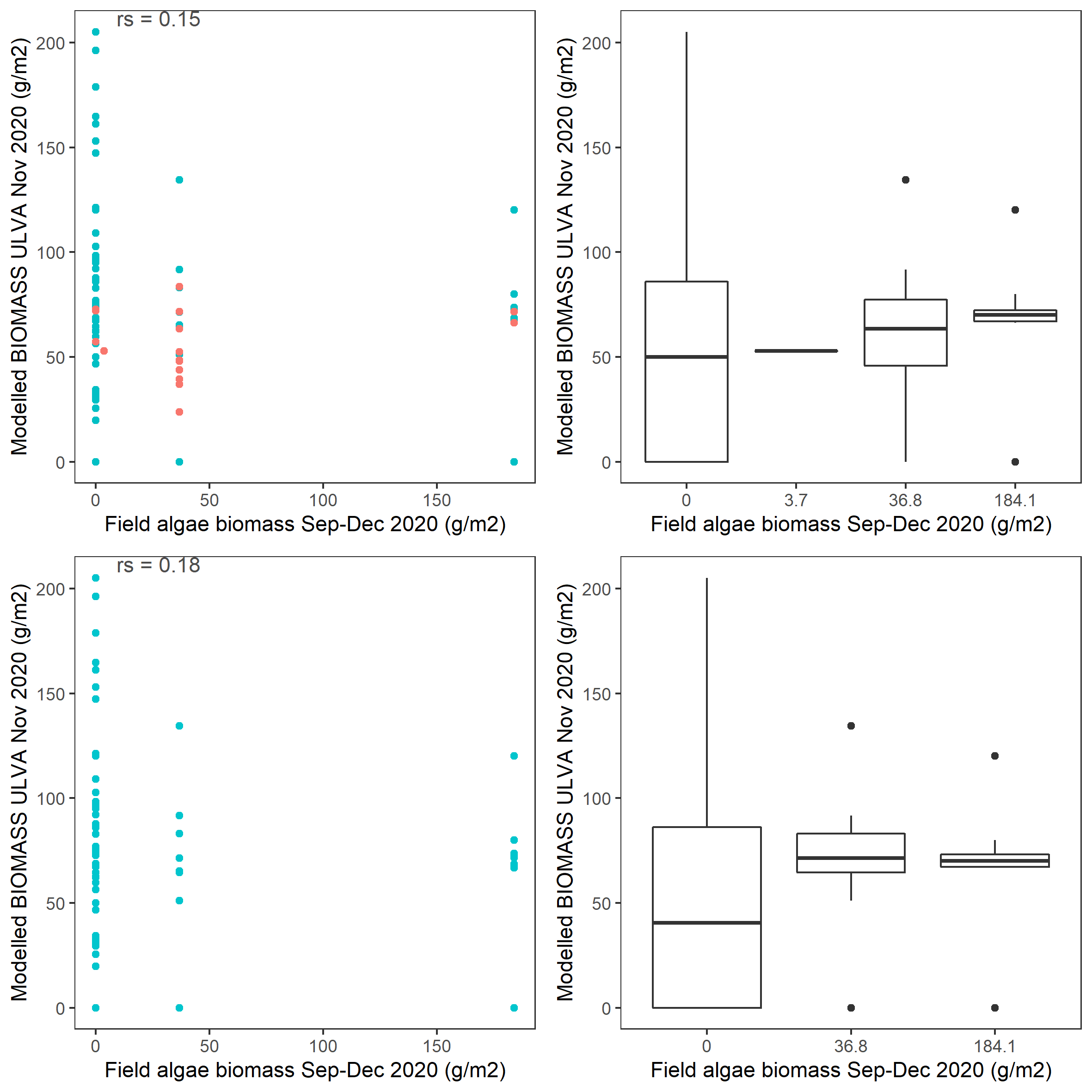 Scatter and box plot of field estimated macroalgae biomass versus simulated Ulva biomass for 2020 in the entire lagoon (top panel: red - north lagoon sites; blue - south lagoon sites) and south lagoon (bottom panel). rs: Spearman's rank correlation coefficient.