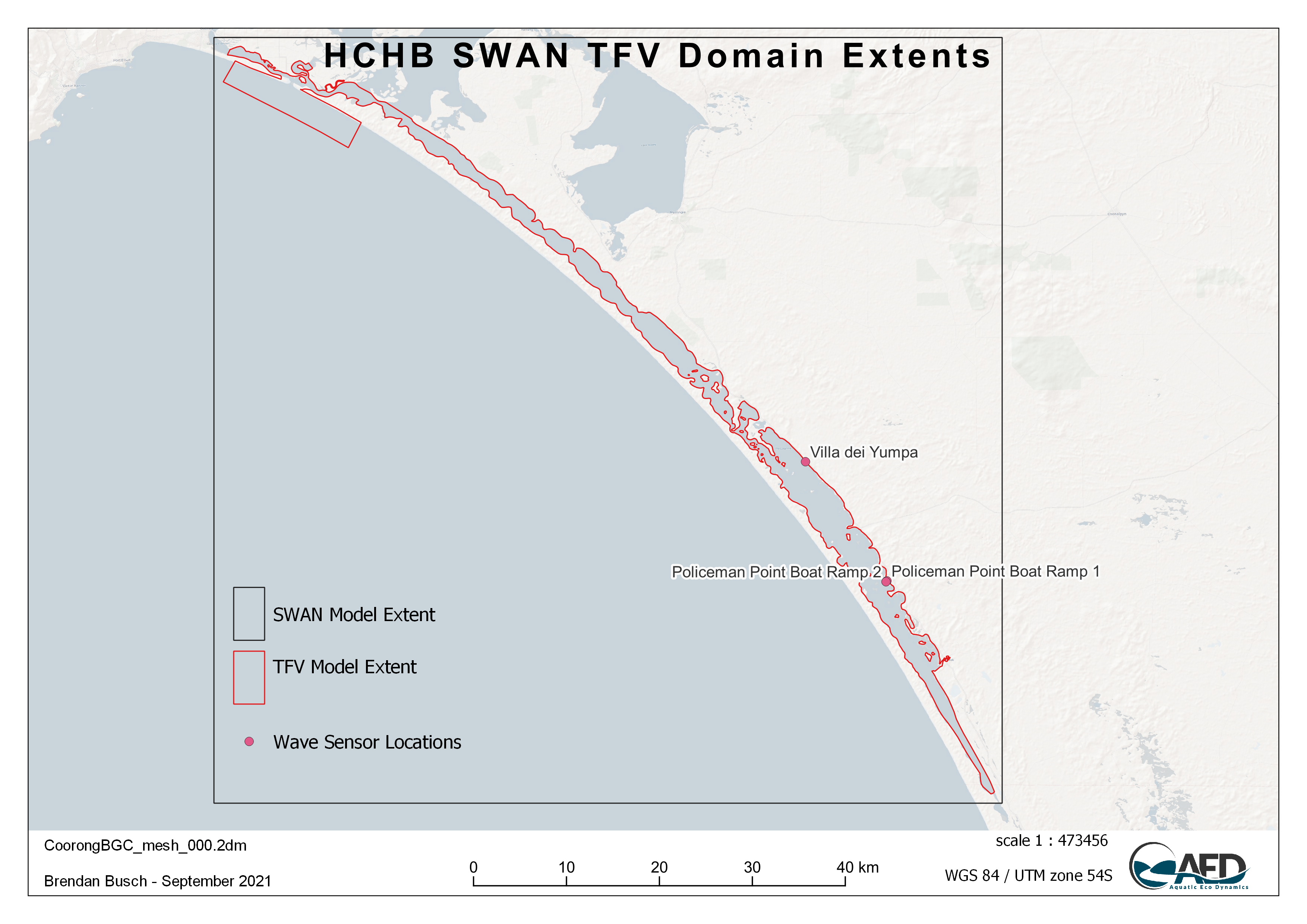 Model extents for SWAN Wave Model and the TFV domains, with validation sites.