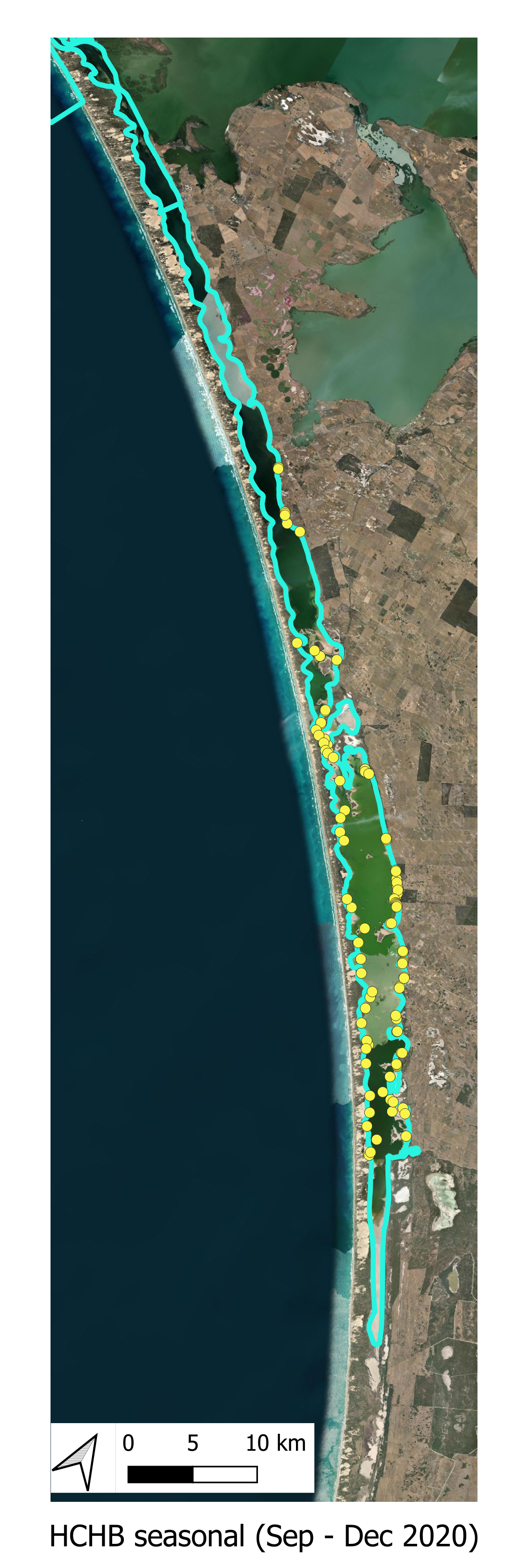 Filamentous algae sampling sites for the HCHB program (T & I 2). Agency/program code under each map corresponds to those listed in Table 6.1. Turquoise outline represents the model boundary. Click image to enlarge.