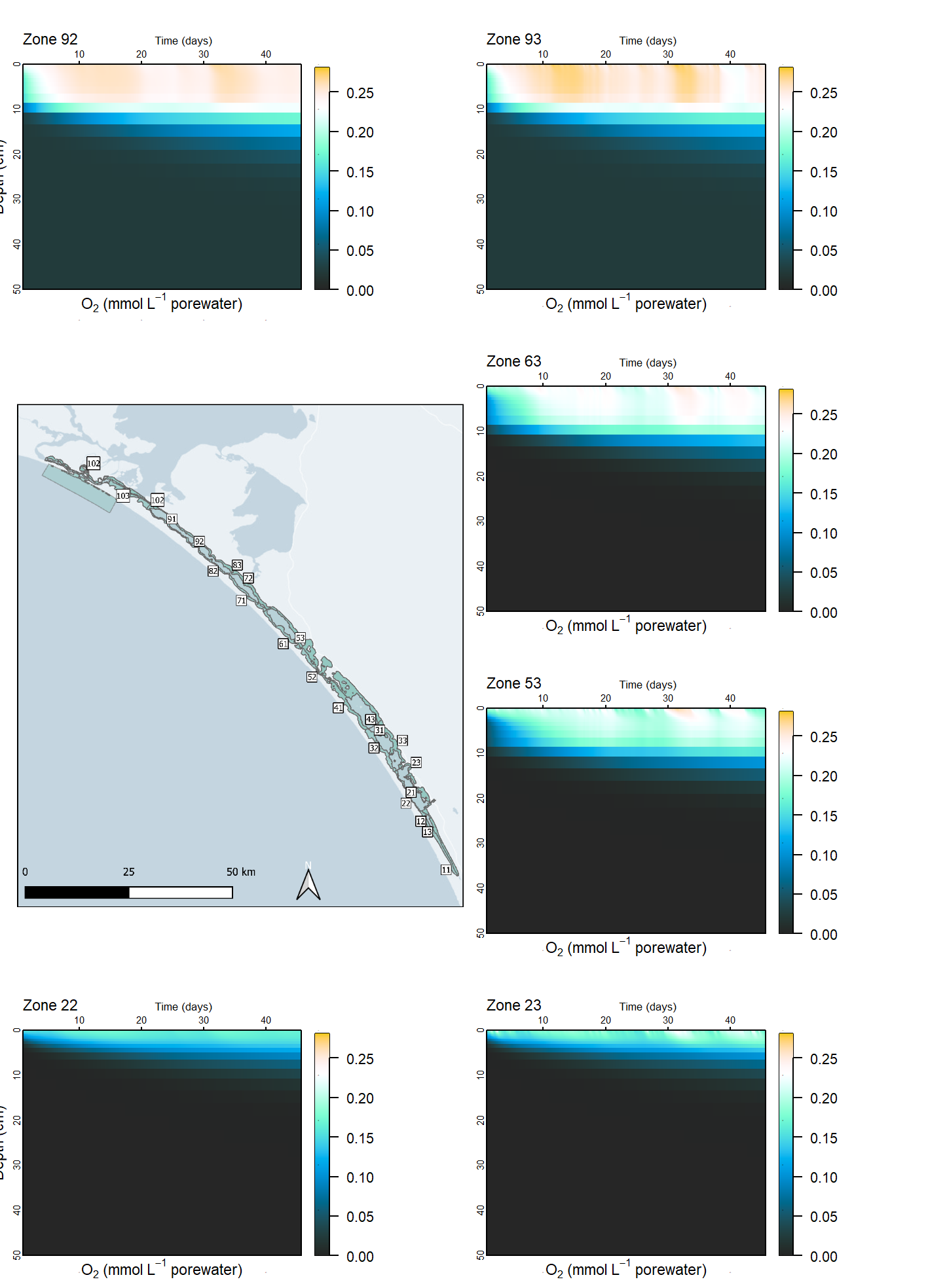 Simulated sediment concentrations of oxygen in different zones along the length of the lagoon.