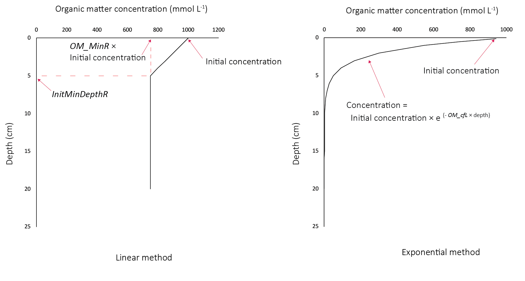 Organic matter initial profiles. Left - linear profiles for refractory species. Right - exponential profiles for labile species.
