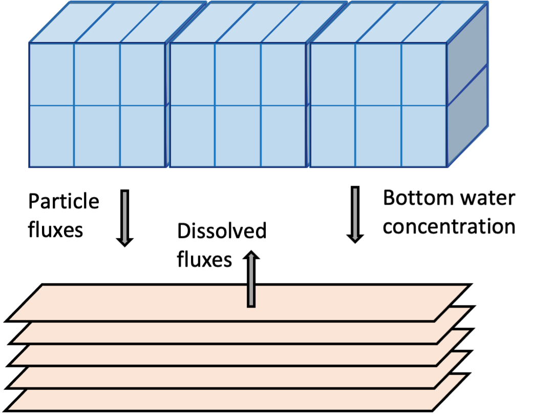 Schematic of sediment water coupling approach. Left: the three linking options between the water column and sediment models. Right: Water column cell concentrations and fluxes within a zone are averaged and transferred between the models.