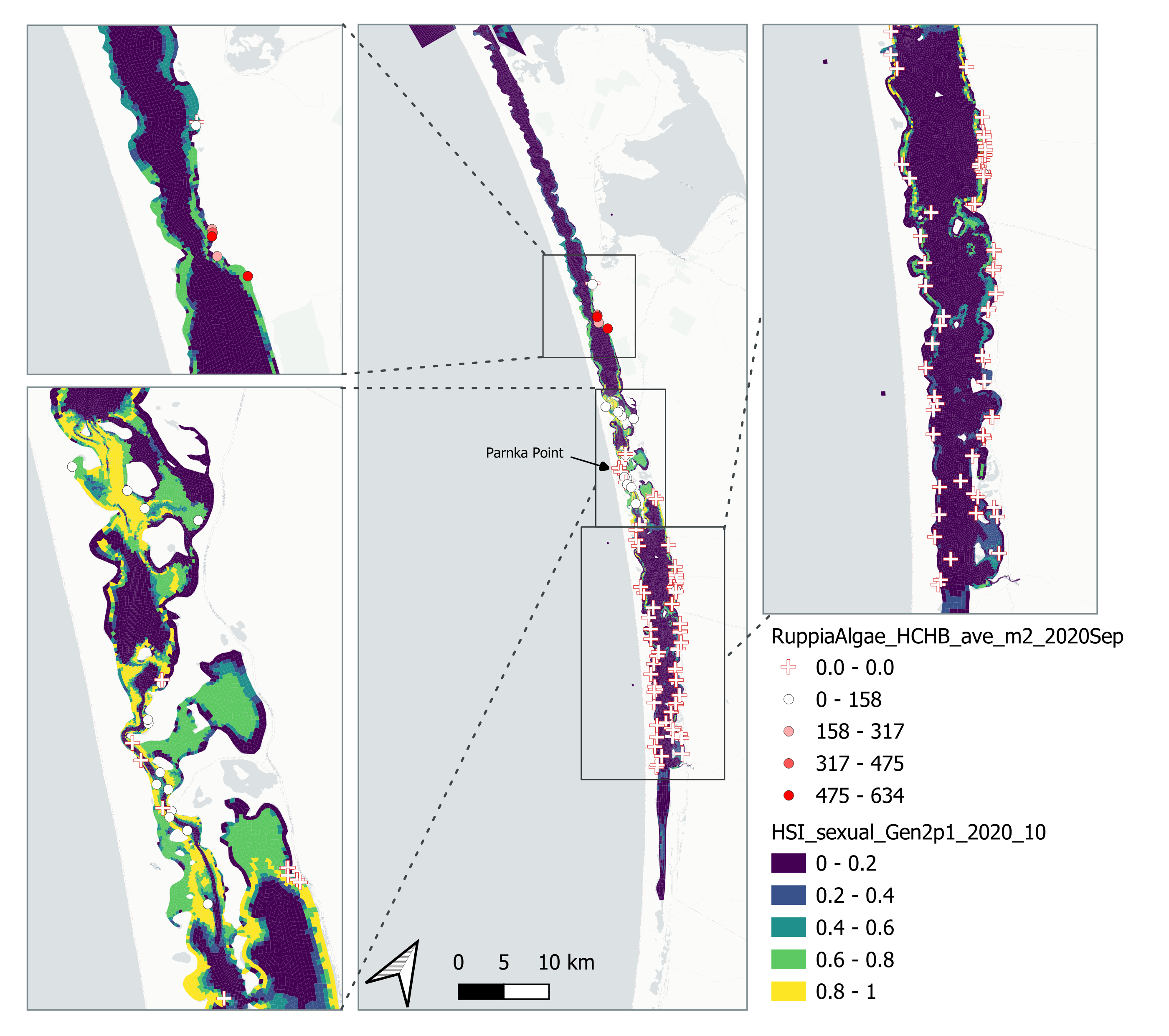 Average *Ruppia* flower count per square meter in Sep – Dec 2020 (circles) overlaid on HSI model output for overall sexual reproduction integrated over Jan – Oct 2020. An HSI of 0 (dark purple) represents unsuitable habitat conditions, while an HSI of 1 represents optimal conditions (yellow).