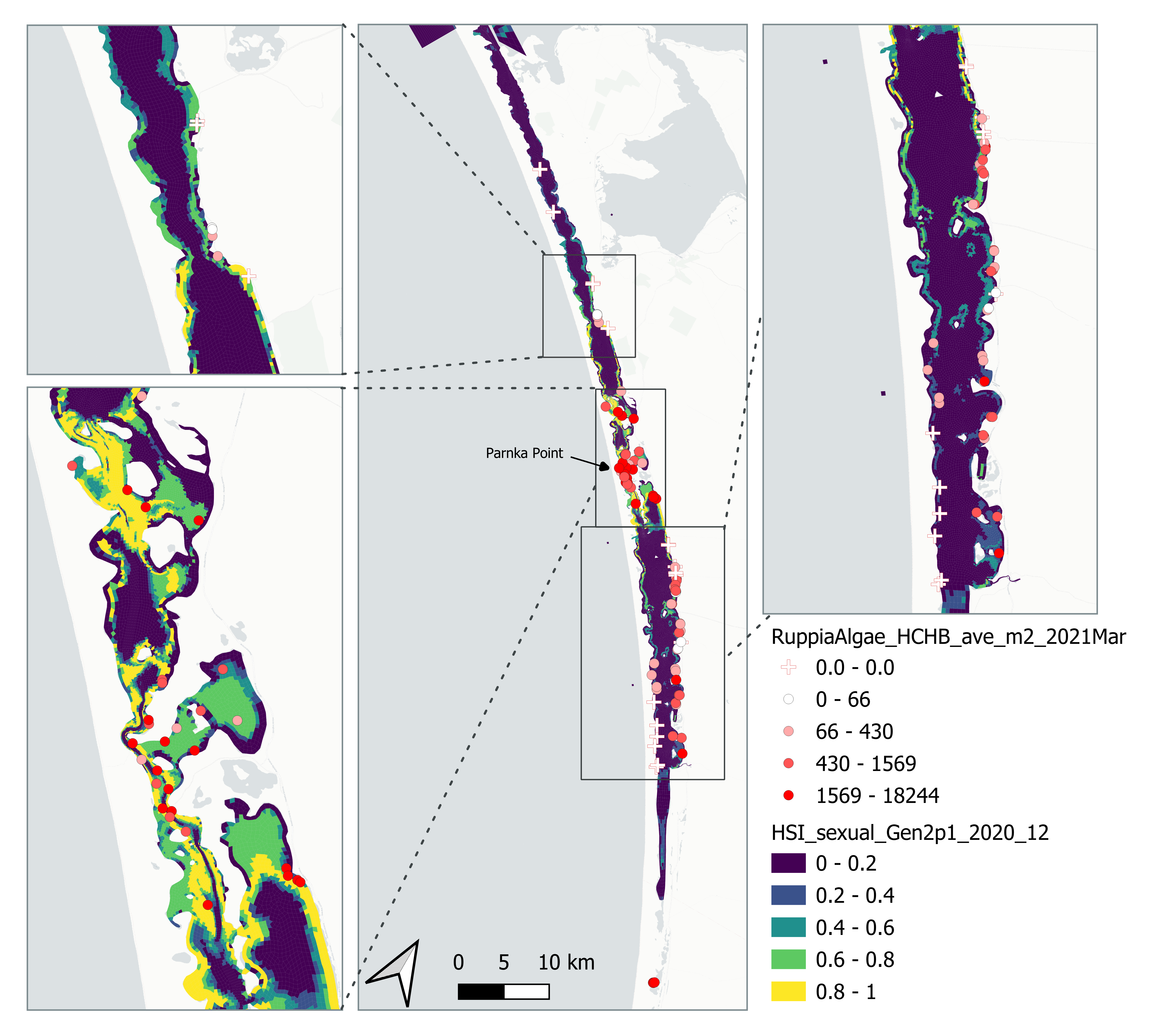 Average *Ruppia tuberosa* seed count per square meter in Mar – Apr 2021 (circles) overlaid on HSI model output for overall sexual reproduction integrated over Jan – Dec 2020. An HSI of 0 (dark purple) represents unsuitable habitat conditions, while an HSI of 1 represents optimal conditions (yellow).