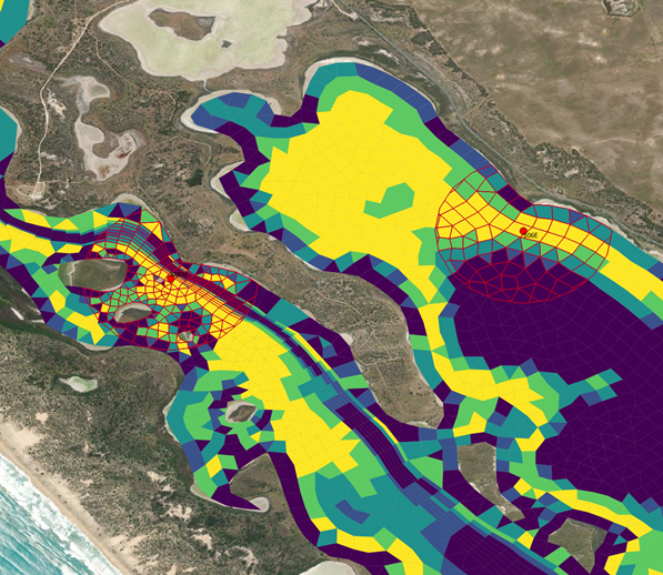 An example output of the middle lagoon showing Ruppia sampling sites (red circles) with 600m-radius buffer, overlaid on model HSI results (dark purple to yellow, representing unsuitable to optimal habitat conditions). For site S06W (red circle on the left), grid cells within the buffer show large variation in size (area).