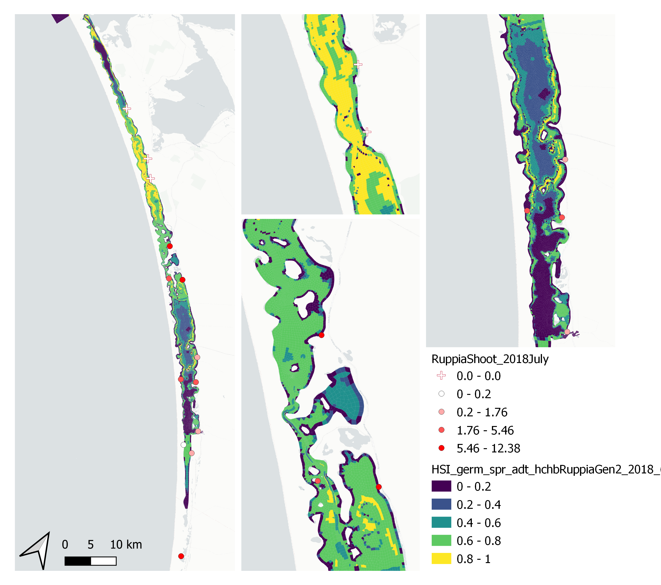 Average seagrass shoot count per 7.5 cm core in Jul 2018 (circles) overlaid on HSI model output for germination, sprouting and adult growth integrated over Jan – Jun 2018. An HSI of 0 (dark purple) represents unsuitable habitat conditions, while an HSI of 1 represents optimal conditions (yellow).