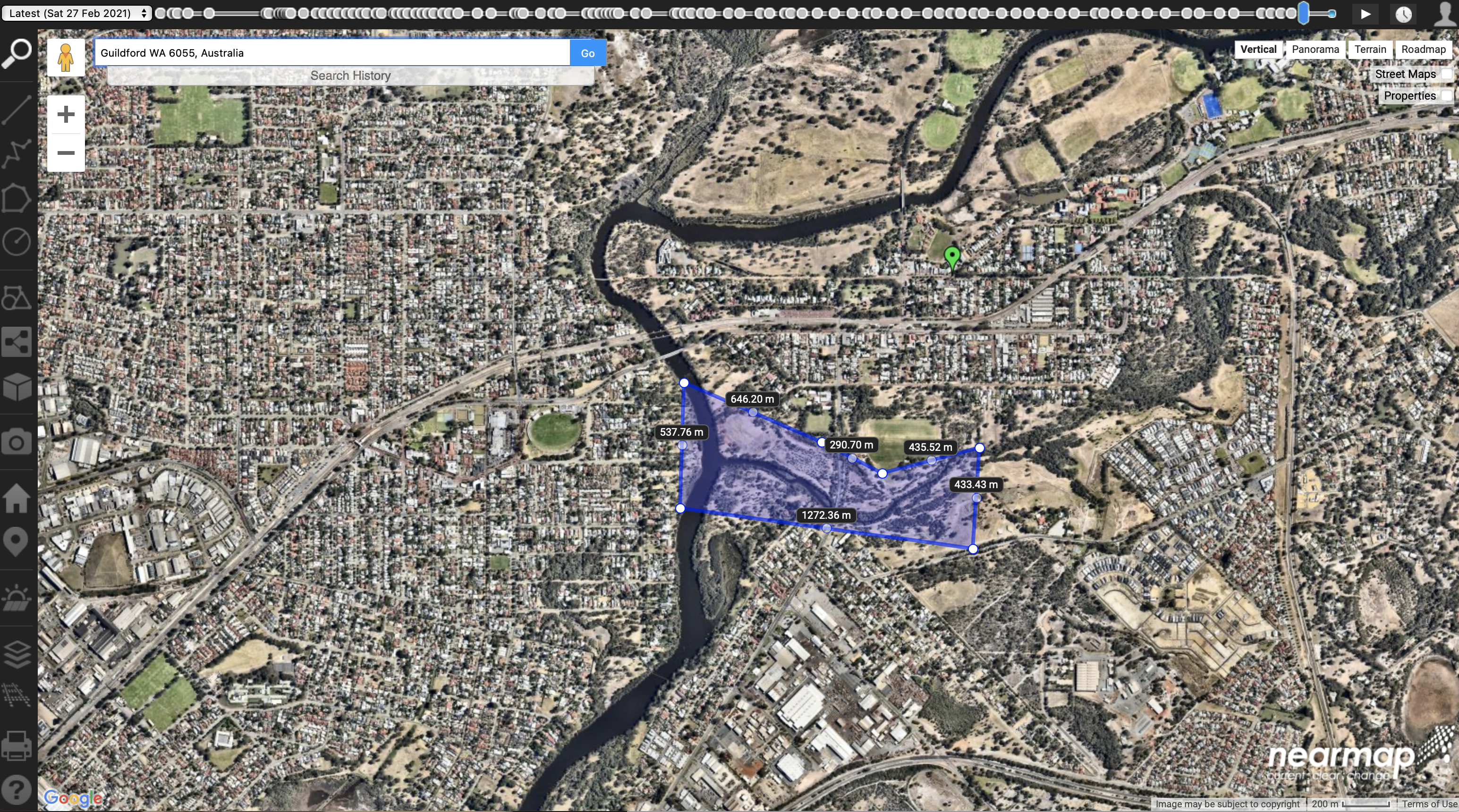 In Nearmap you can search for Guildford (green marker) to help you locate the study site at the confluence of the Helena and Swan Rivers (Blue shded area)