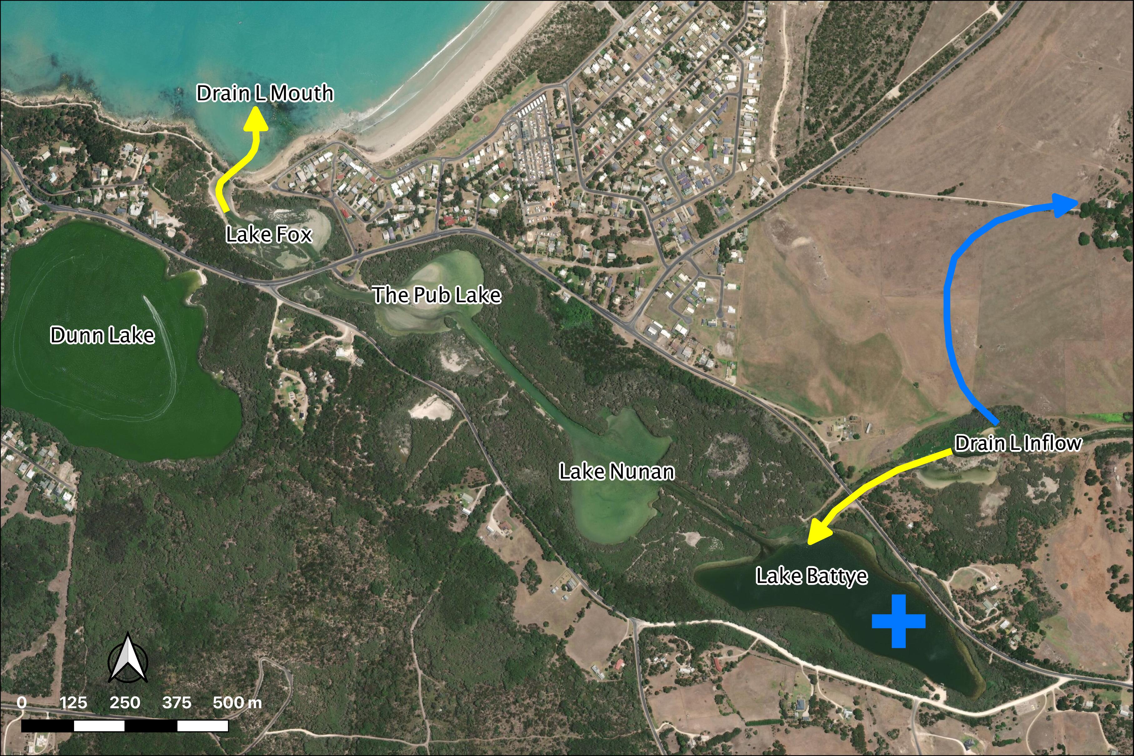 Drain L inflows (yellow arrow) will be diverted (blue arrow).