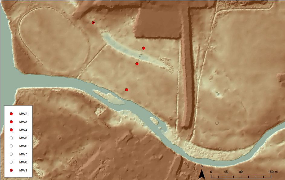 High-resolution LIDAR image of the surface topography of the Helena River study site in Guildford. The red-circles indicate groundwater observation wells.