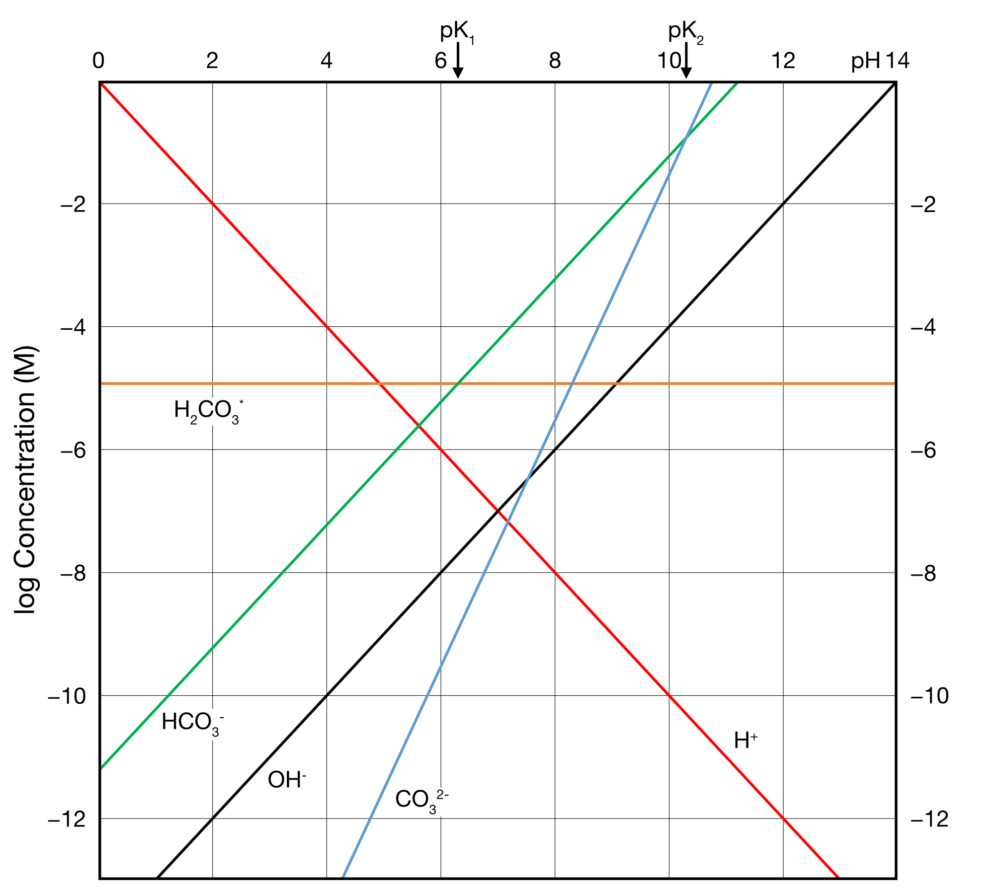 Double logarithmic plot of the equilibrium composition of seawater in our model. Adapted from @stumm1996.