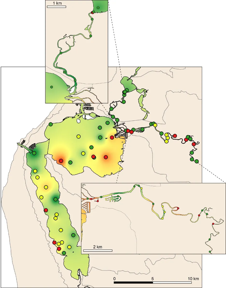 Map of the Benthic Condition Index in the wet season, interpolated throughout the estuary (A, excellent to E, very poor). Circles denote invertebrate sampling sites, colour coded by their sediment condition class (green, Good; yellow, Fair; red, Poor). Insets provide higher resolution views of patterns in the rivers.