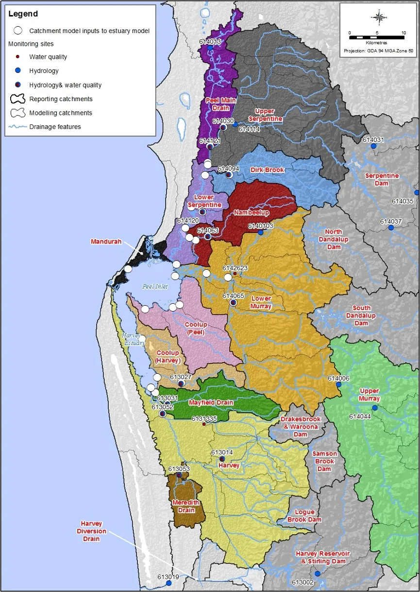 Catchment model inputs to the estuary model (white circles) and catchment monitoring sites (circle with site number). 