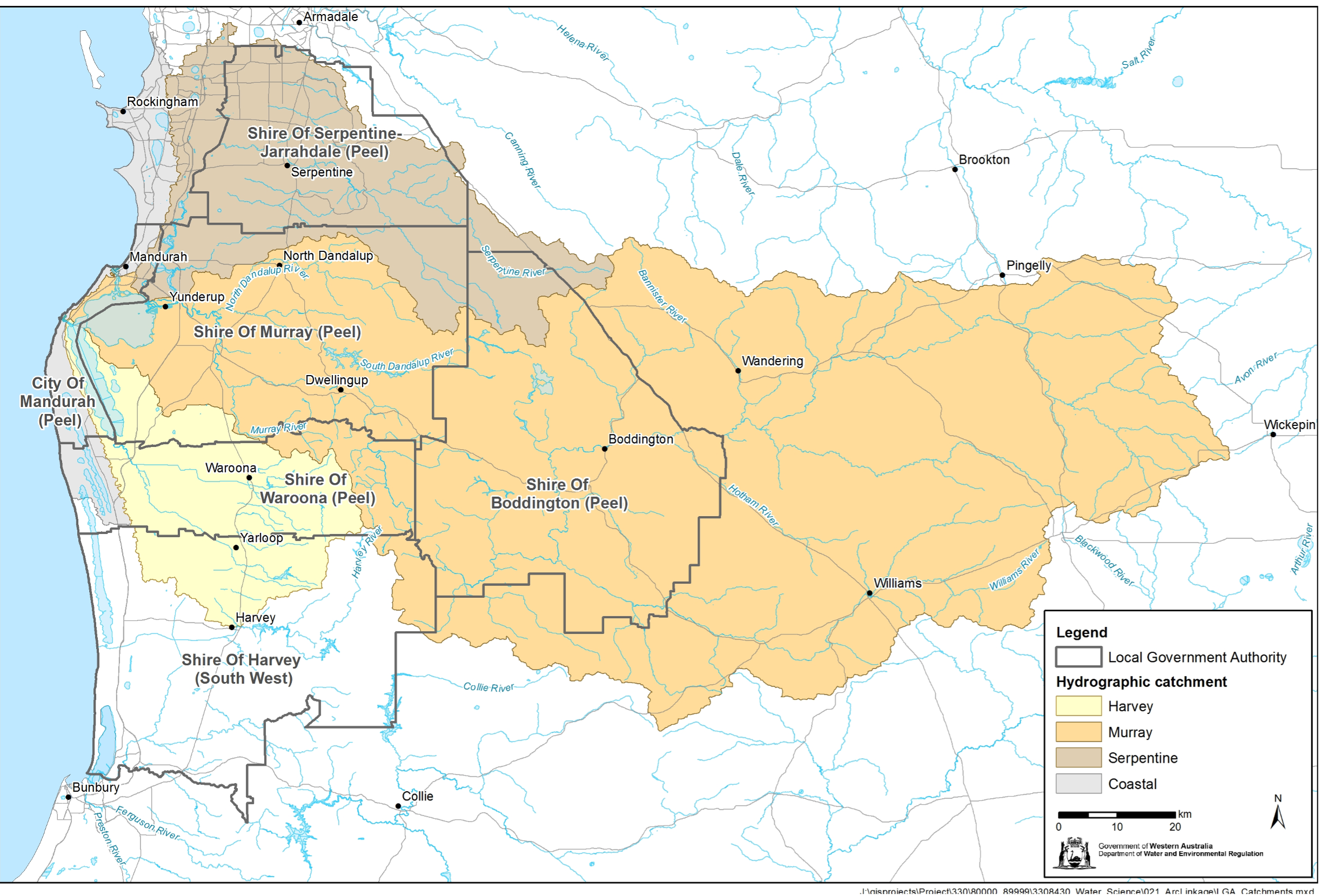 Map of Local Government Authority regions considered in the analysis, in the context of the local cacthment boundaries.