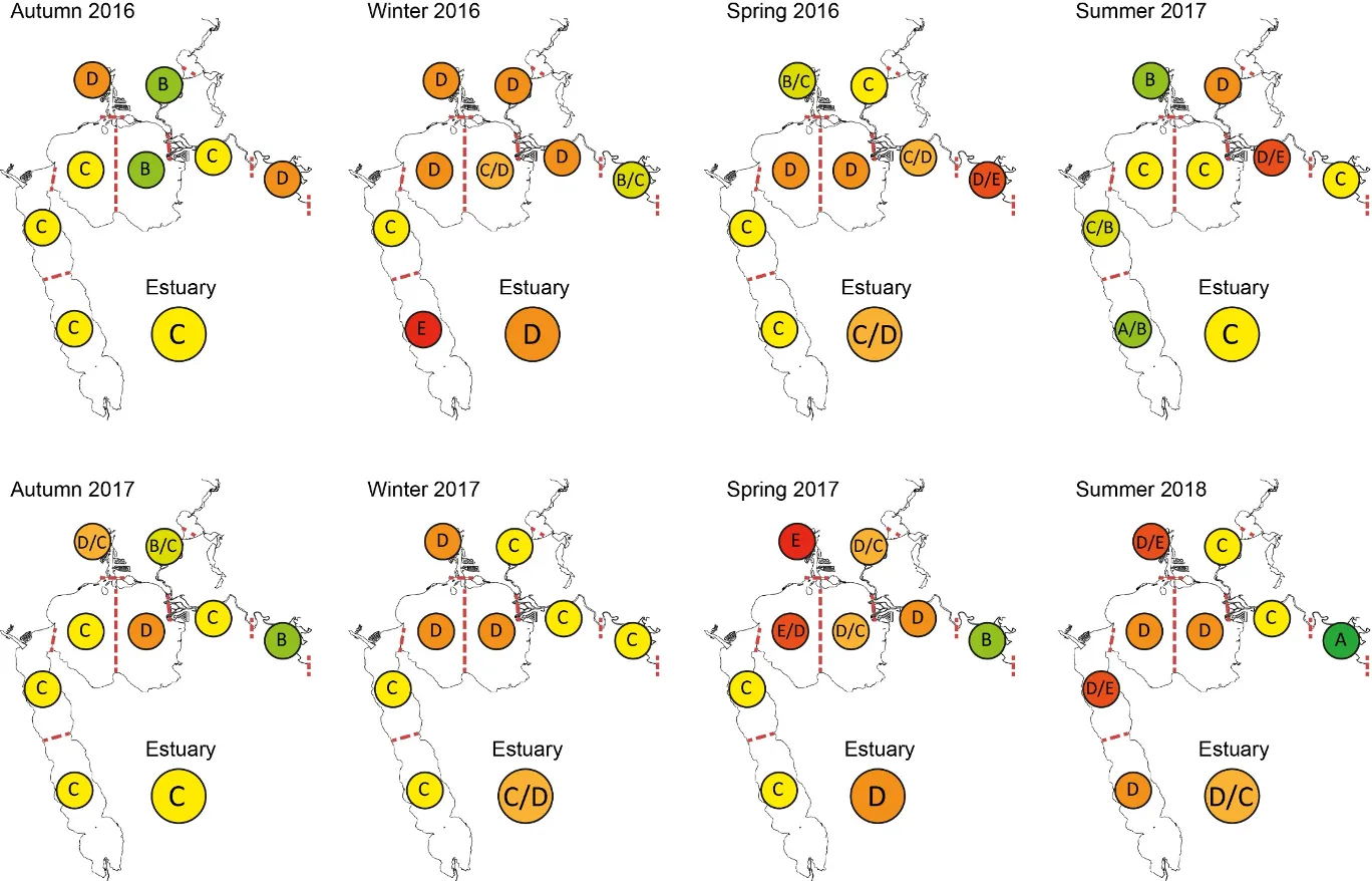 Average Fish Community Index condition grades (A, very good; B, good; C, fair; D, poor; E, very poor) in the shallow waters of each region of the Peel-Harvey Estuary, and for the estuary as a whole, in each sampling season from autumn 2016 to summer 2018.