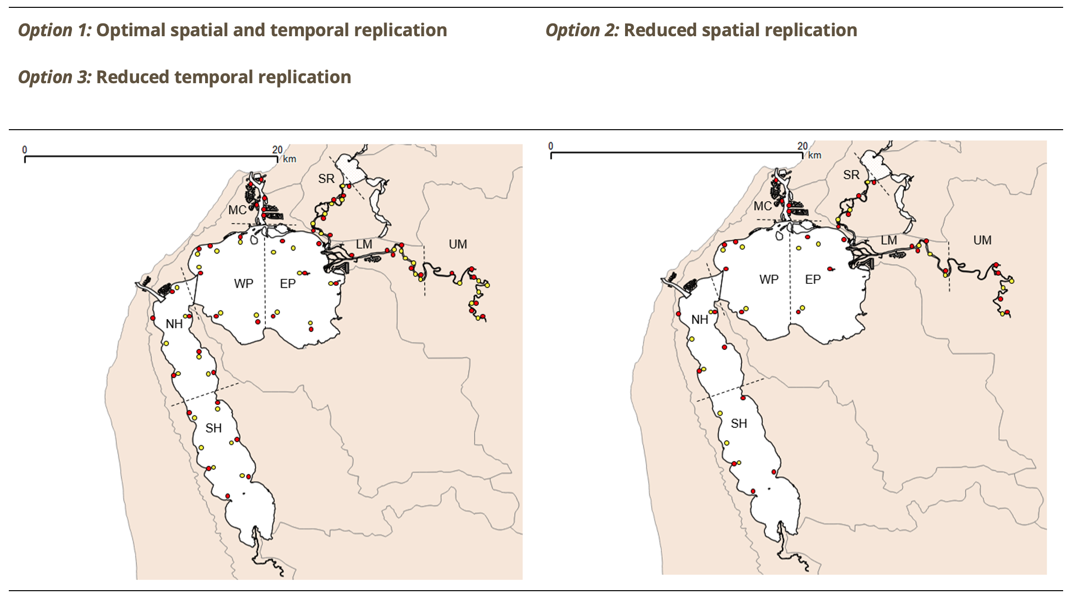 Maps of indicative sampling sites under each of the three proposed options for a future FCI monitoring regime in the Peel-Harvey Estuary. Estuary regions: SH – Southern Harvey, NH – Northern Harvey, MC – Mandurah Channel, WP – Western Peel, EP – Eastern Peel, SR – Serpentine River, LM – Lower Murray, UM – Upper Murray. Circles denote shallow (red) and deeper (yellow) sampling sites.