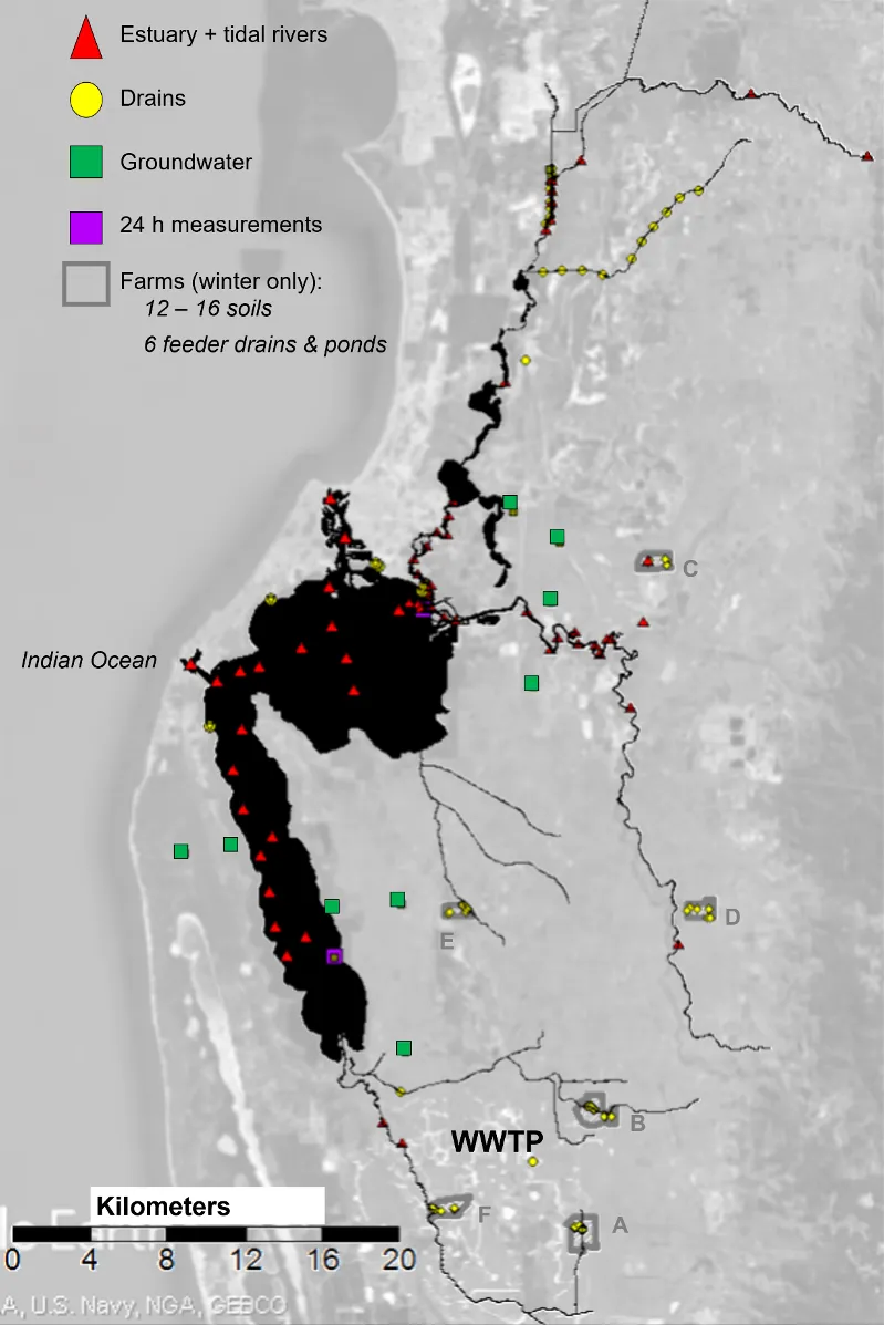 A map of the Peel-Harvey catchment and estuary showing locations where isotope samples were collected. The farms where the soil and feeder drain samples are outlined in grey, and the drain (yellow circle) where the WWTP samples were collected is indicated.