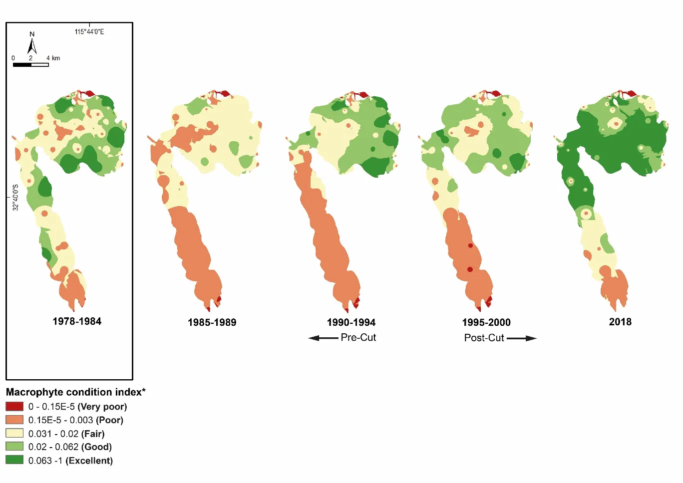 Macrophyte condition index categories interpolated throughout the Peel-Harvey Estuary in each period from 1978–2018. Index values have been calculated from data recorded in autumn in each sampling year. *Note the 0–1 index scale, and hence the condition categories, are relative to macrophyte trends observed only in the Peel-Harvey from 1978–2018.