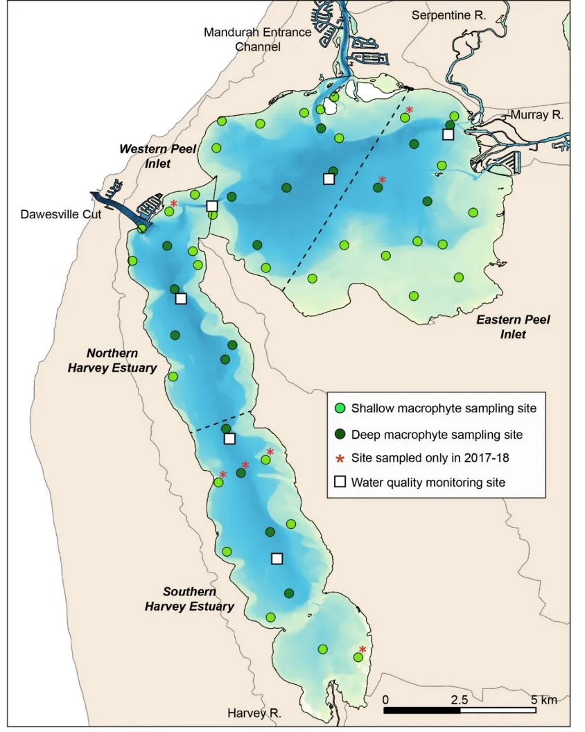 Map of the sites at which macrophytes were regularly sampled in the Peel-Harvey Estuary from 1978–2018, and the stations at which water quality was monitored by the Department of Water and Environmental Regulation. Additional macrophyte sites sampled only in 2017–18 are highlighted, and the estuarine regions and water depths to which each site was assigned are also shown.