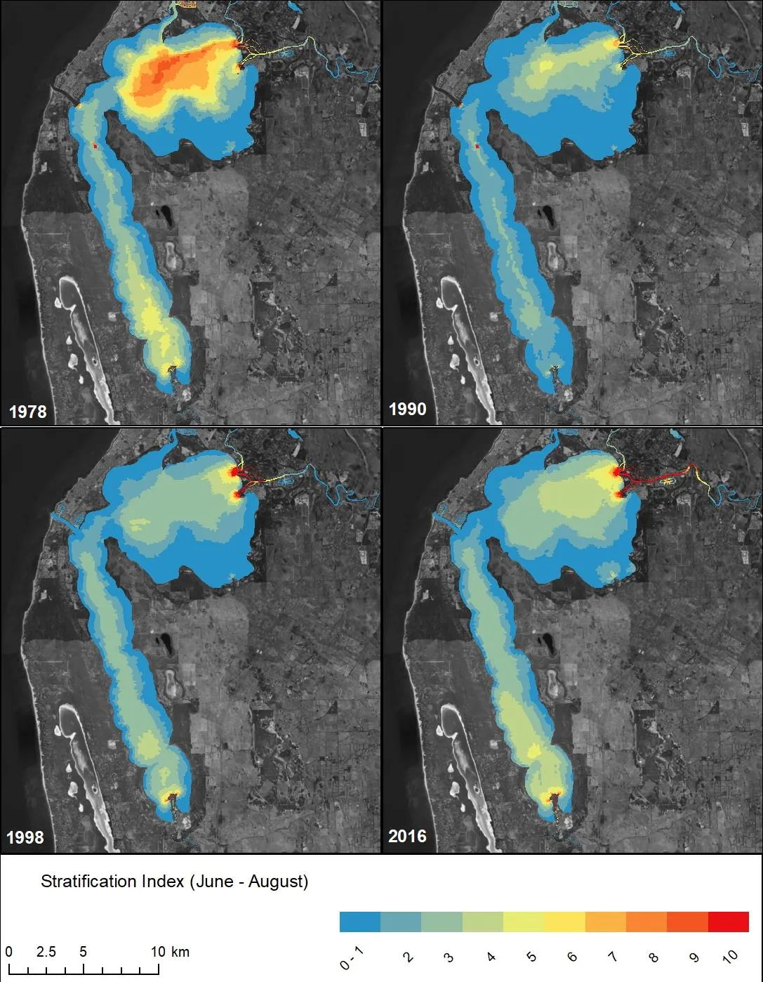 Stratification intensity model outputs, comparing pre (1978 and 1990, top panel) and post (1998 and 2016, bottom panel) Cut conditions.