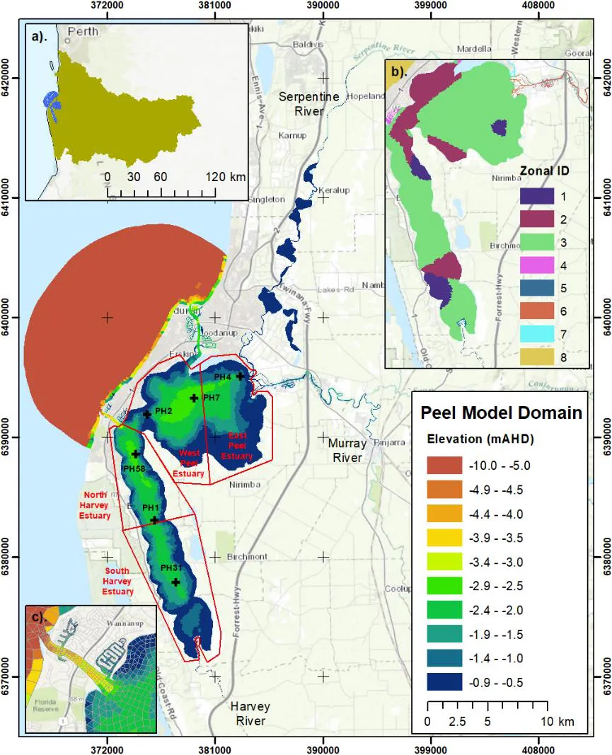 Model domain of the Peel-Harvey Estuary and three main rivers: Serpentine River, Murray River, and Harvey River. The colours indicate the water depths of the study domain; the black crosses indicated the 6 monitoring sites, and the red polygons indicate the areas for result analysis. The three sub-plots are: a) location of the Peel-Harvey Estuary and its catchment in the Western Australia; b)    Zonal categorization of the model domain according to the area and aquatic vegetation biomass (see Table 3.1); and c)   a zoom-in view of the artificial channel Dawesville Cut, constructed in 1994 aiming at improving the ocean flushing.