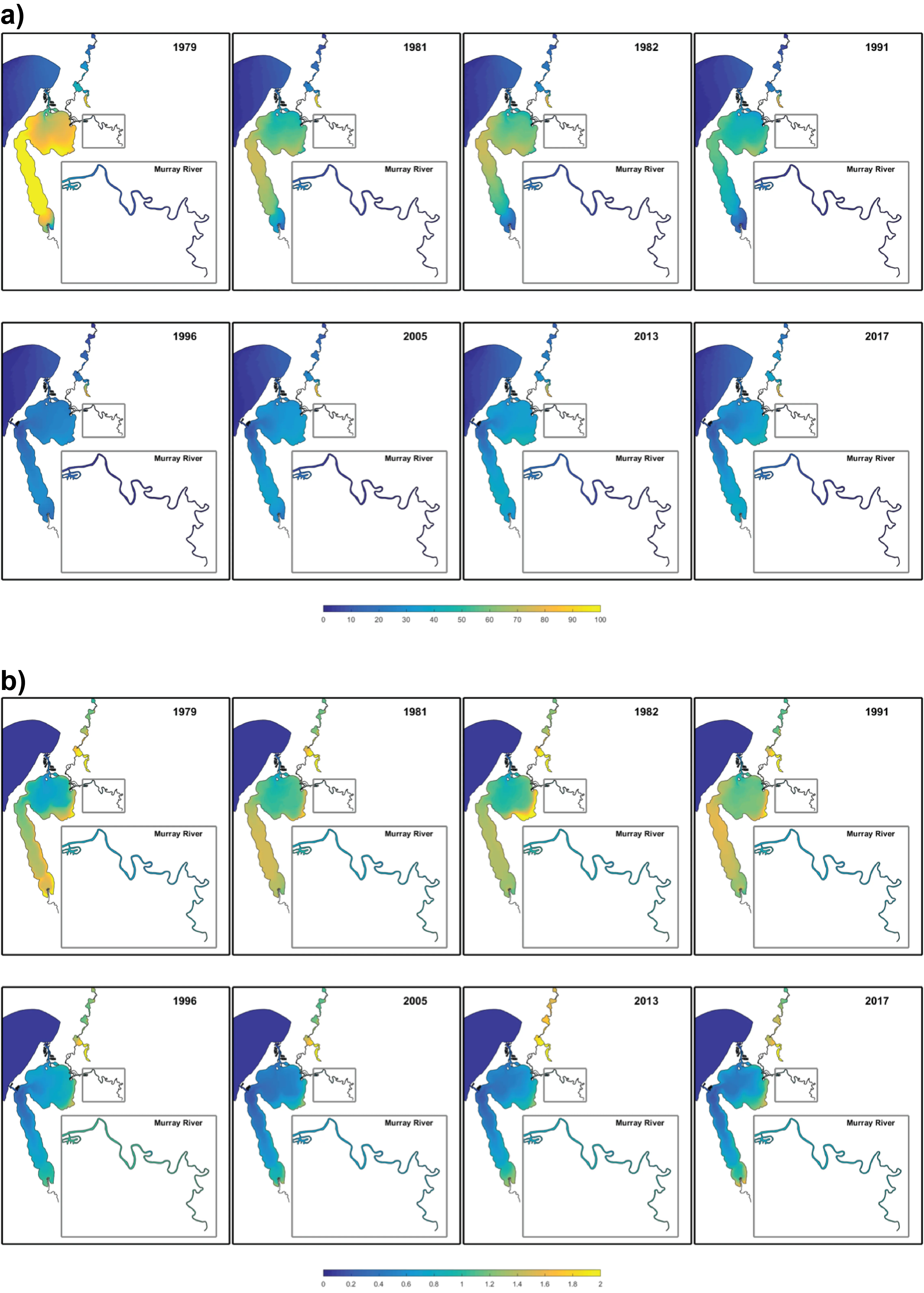 Spring average (a) water age and (b) TN across 8 simulated years, demonstrating the large change in potential for nutrient flushing and retention.