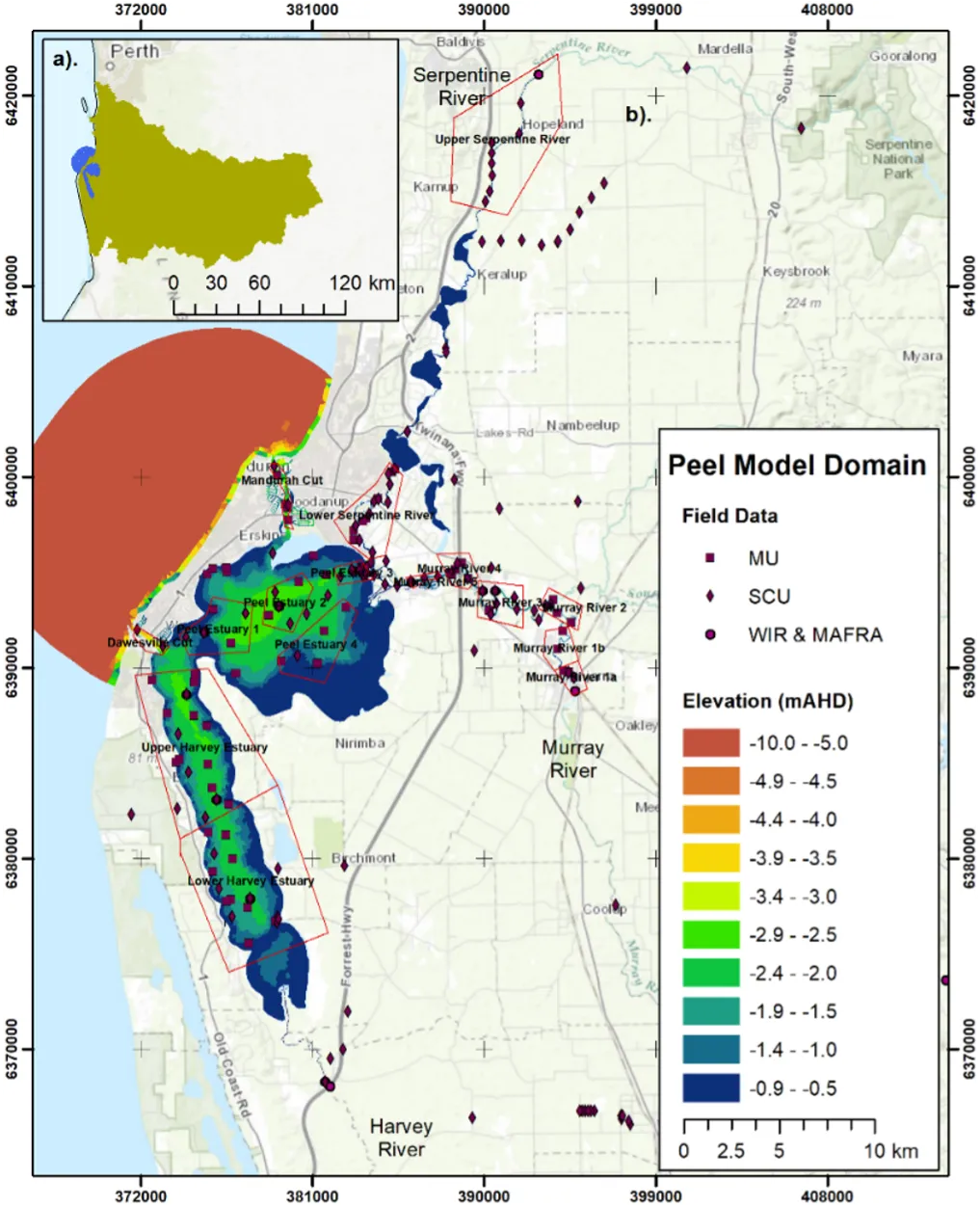 Data sources and their sampling locations superimposed on the PHERM simulation domain.