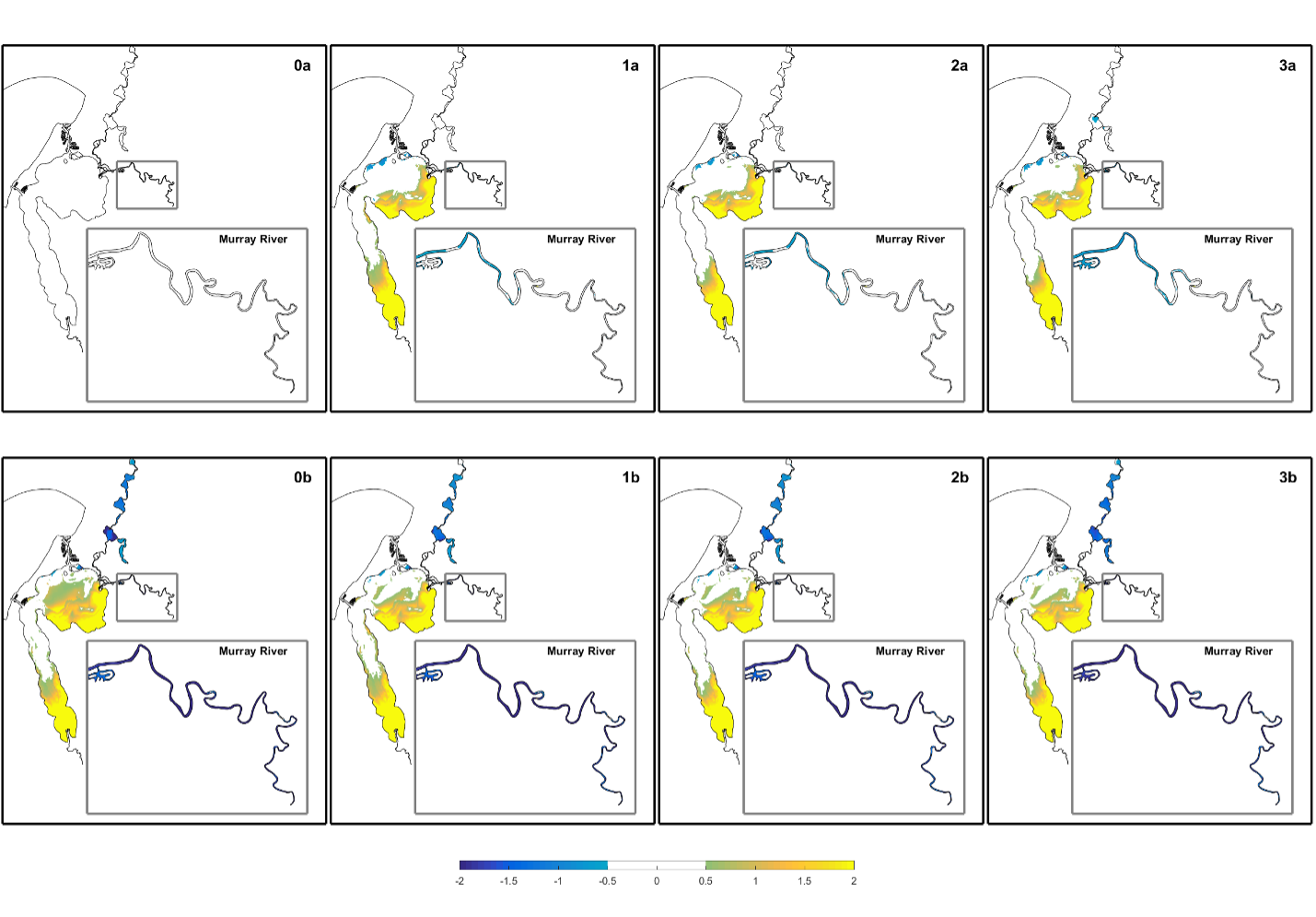 Comparison of winter bottom oxygen differences (∆DO) ̅ (mg/L) between the scenarios and the reference (base) case simulation 0a. A positive change indicates a scenario with more oxygen than the base-case.