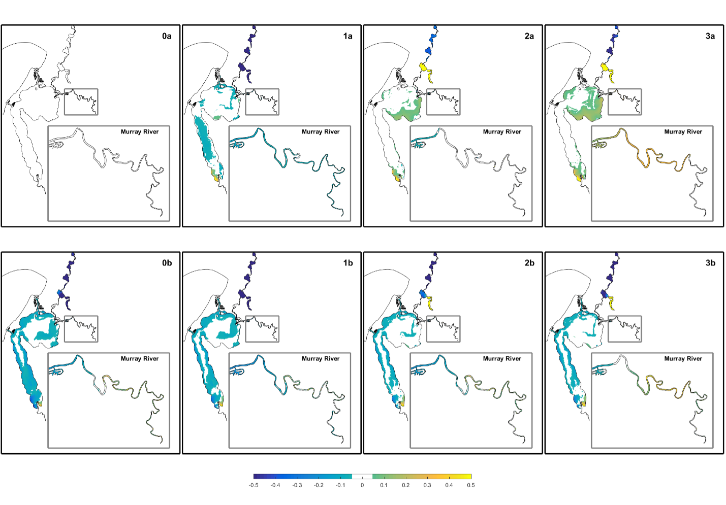 Comparison of winter bottom TN differences (∆TN) ̅ (mg/L) between the scenarios and the reference (base) case simulation 0a. A positive change indicates a scenario with more nitrogen than the base-case.