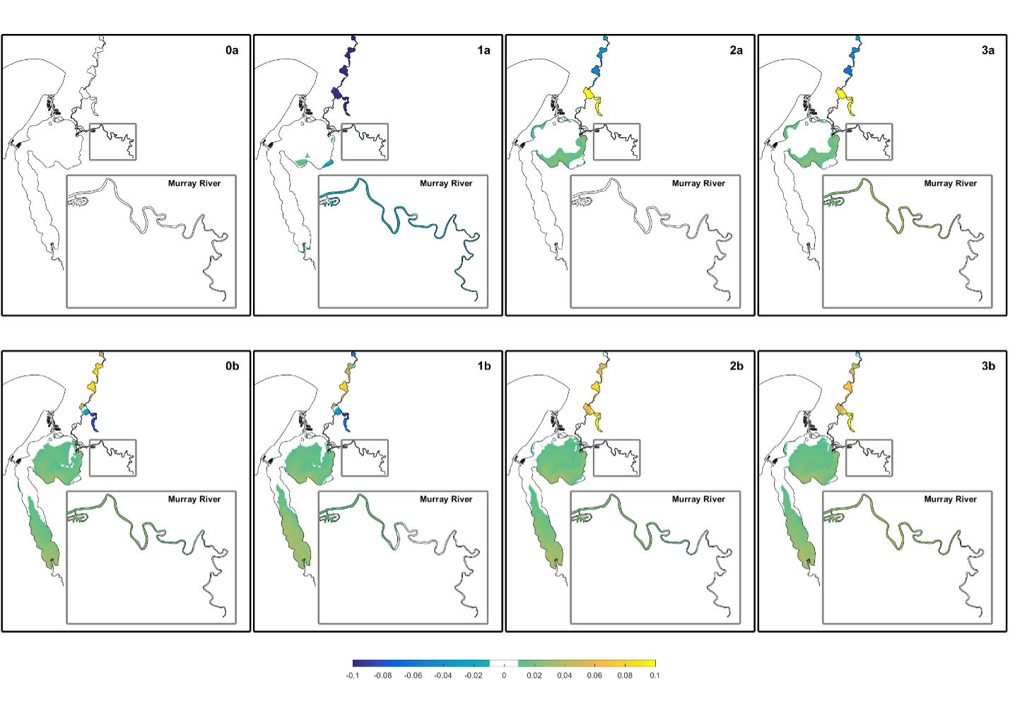 Comparison of winter bottom TP differences (∆TP) ̅ (mg/L) between the scenarios and the reference (base) case simulation 0a. A positive change indicates a scenario with more phosphorus than the base-case.