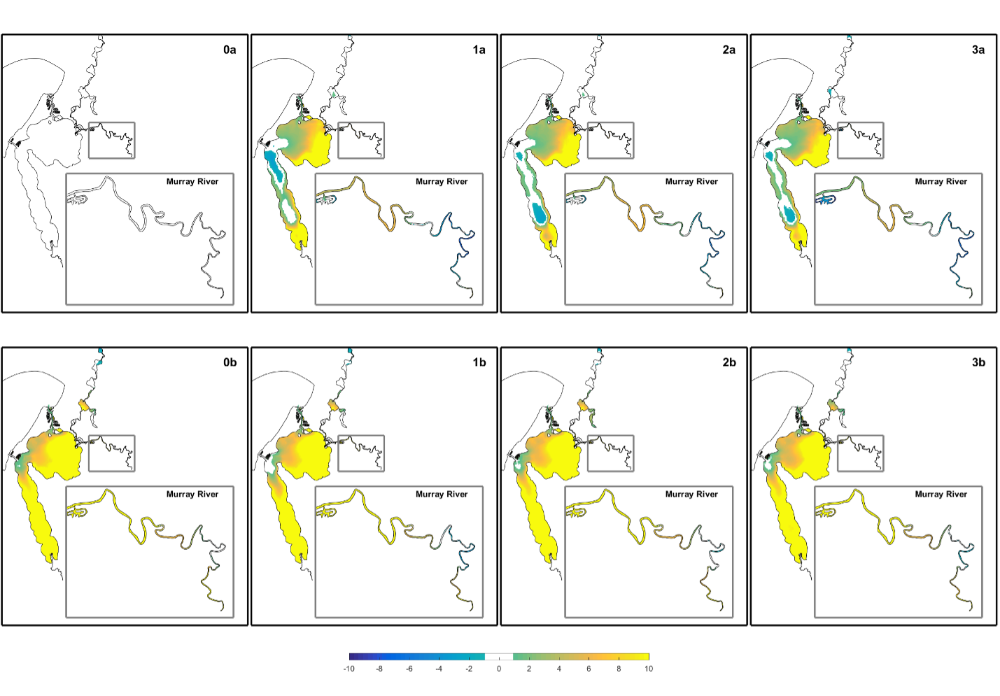 Comparison of winter total chlorophyll-a differences (∆TCHLA) ̅ (g/L) between the scenarios and the reference (base) case simulation 0a. A positive change indicates a scenario with more chlorophyll-a than the base-case.