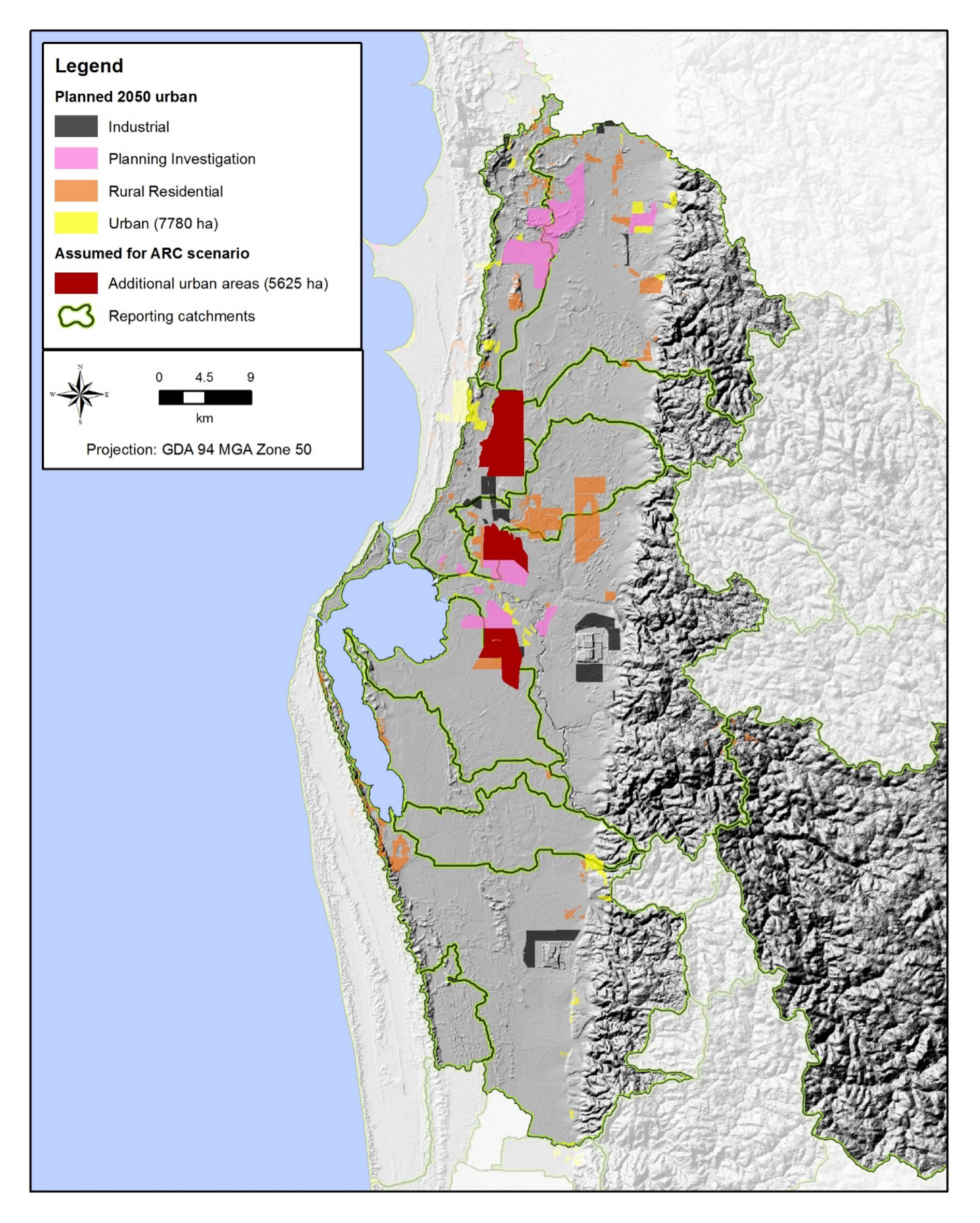 Planned urban expansion and assumed areas of additional urban growth in 2050 used for scenario modelling (see Table 11.4 for scenarios). NB: ‘Planning investigation’ areas (pink shading) refer to those regions where potential for urban development is being considered by the Department of Planning, Lands and Heritage under the Draft Green Growth Plan (Government of Western Australia, 2015).