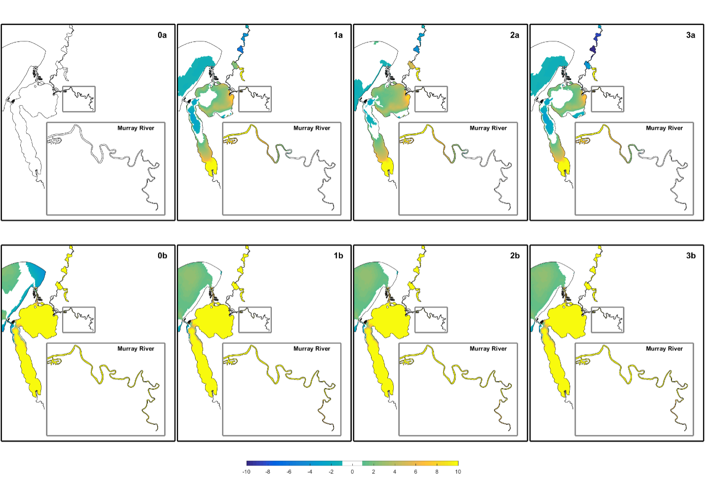 Comparison of winter water age difference (∆τ̅) (days) between the scenarios and the reference (base) case simulation 0a. A positive change indicates the scenario has older water than the base-case.