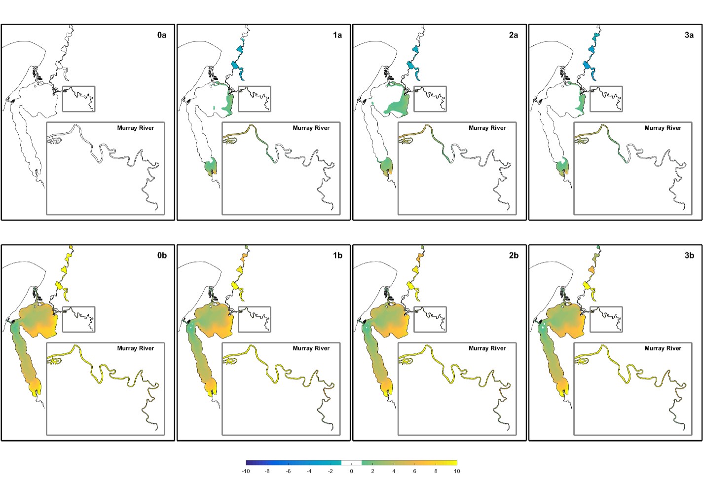 Comparison of winter salinity differences (∆S)̅ (psu) between the scenarios and the reference (base) case simulation 0a. A positive change indicates a relatively more saline scenario.