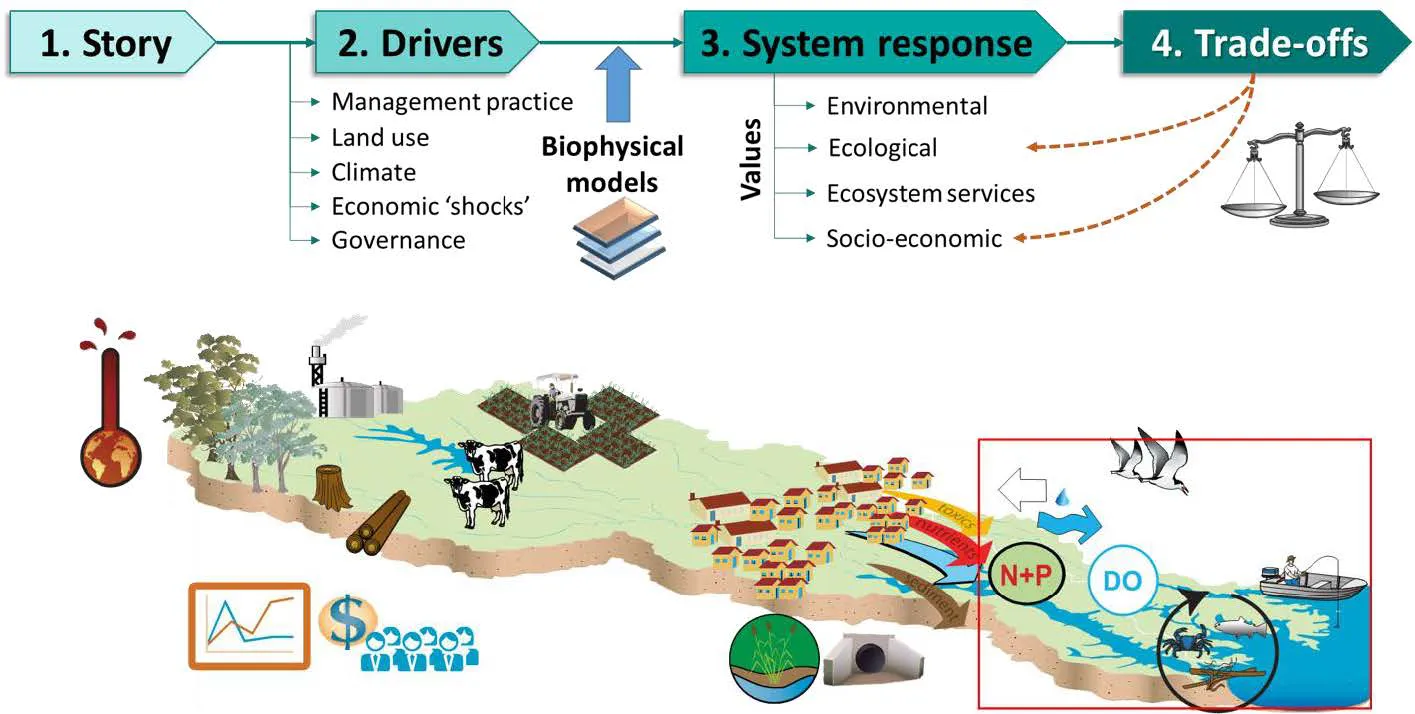 Summary of the main components underlying the scenarios concept that was adopted for exploring socio-ecological trade-offs in the Peel-Harvey system in 2050.