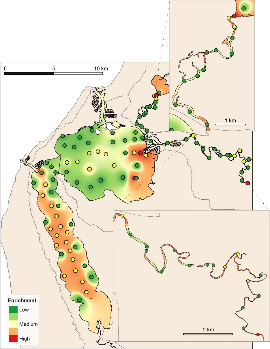 Map of overall sediment enrichment (TC, OC and TN) interpolated throughout the estuary. Circles denote sediment sampling sites, colour coded by their sediment condition class (green, Good; yellow, Fair; red, Poor). Insets provide higher resolution views of patterns in the rivers.