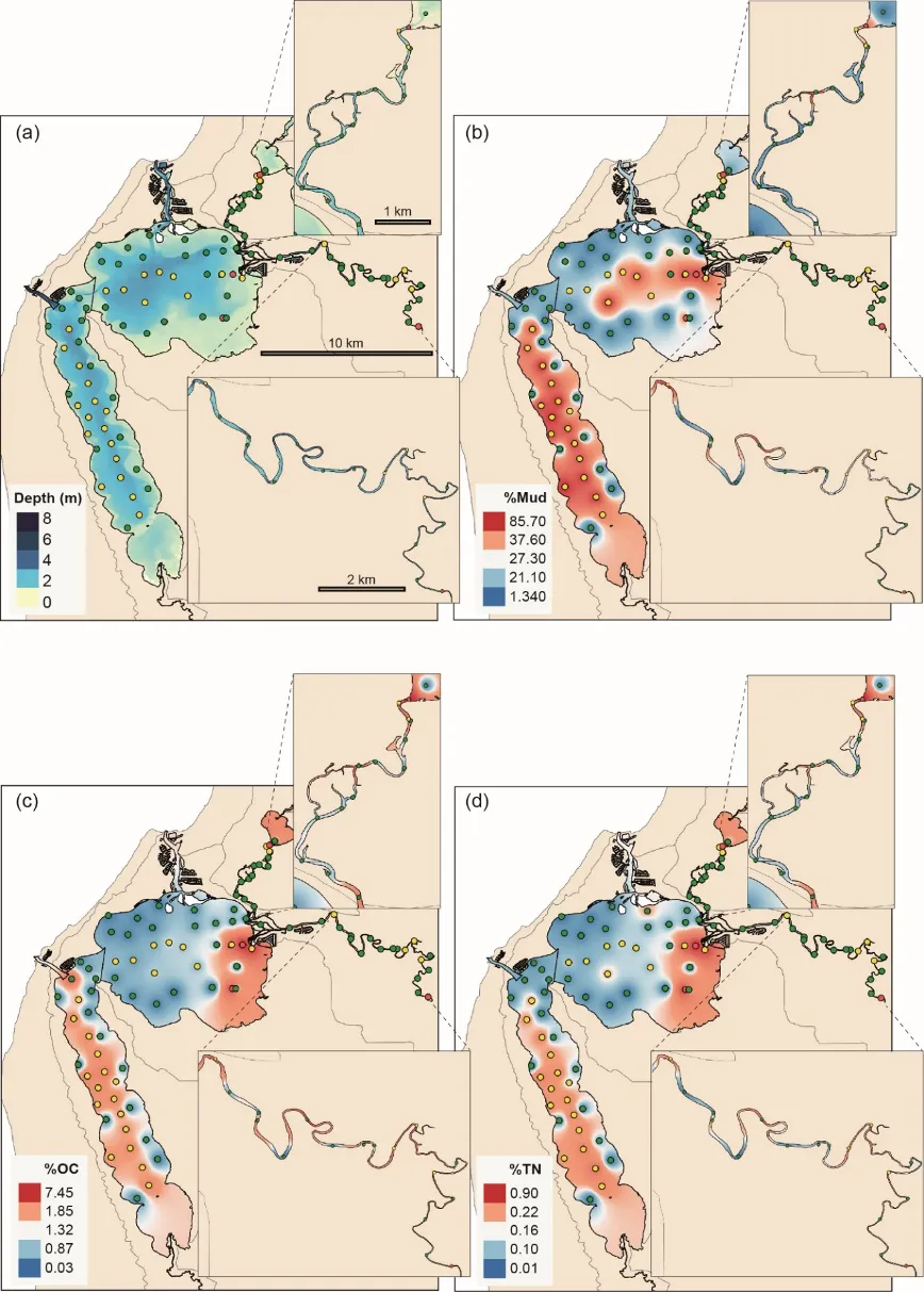 Maps of (a) water depth, (b) %mud, (c) %OC, (d) %TN interpolated throughout the estuary. Circles denote sediment sampling sites, colour coded by their sediment condition class (green, Good; yellow, Fair; red, Poor). Insets provide higher resolution views of patterns Serpentine (top) and Murray (bottom) rivers. Reproduced from Hallett et al. (2019) with permission from the *Royal Society of Chemistry*.